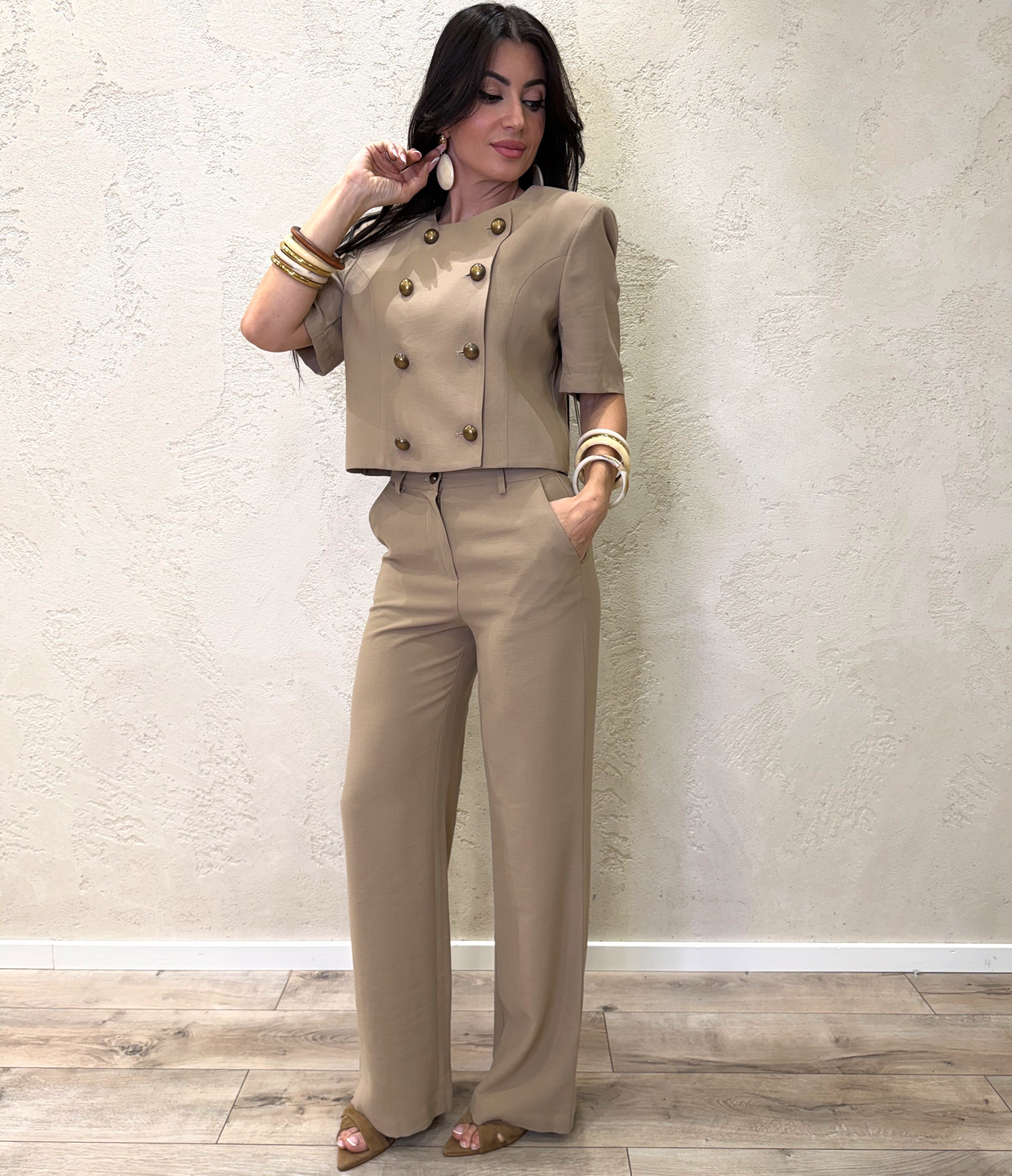pantaloni a gamba dritta vestibilità morbida con bottone a contrasto PMN-Q419 BEIGE HAVEONE 