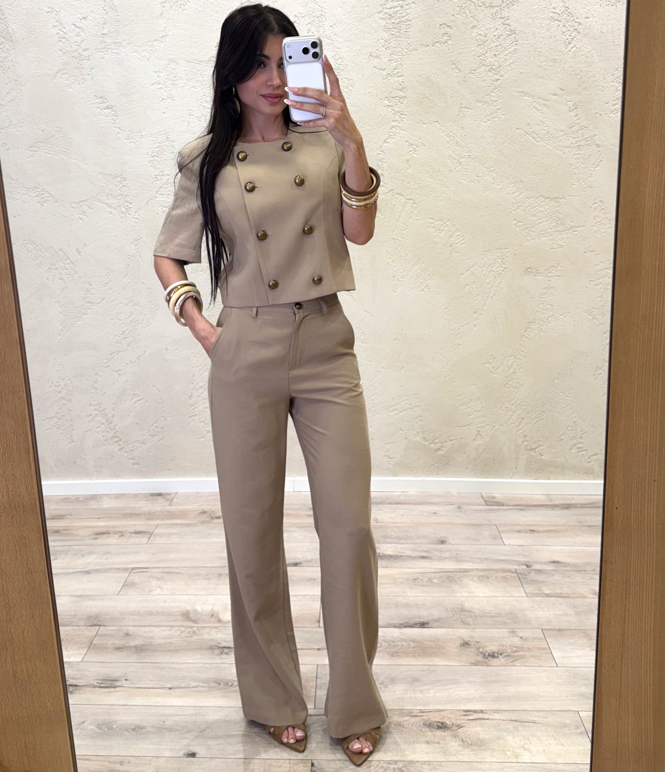 pantaloni a gamba dritta vestibilità morbida con bottone a contrasto PMN-Q419 BEIGE HAVEONE 