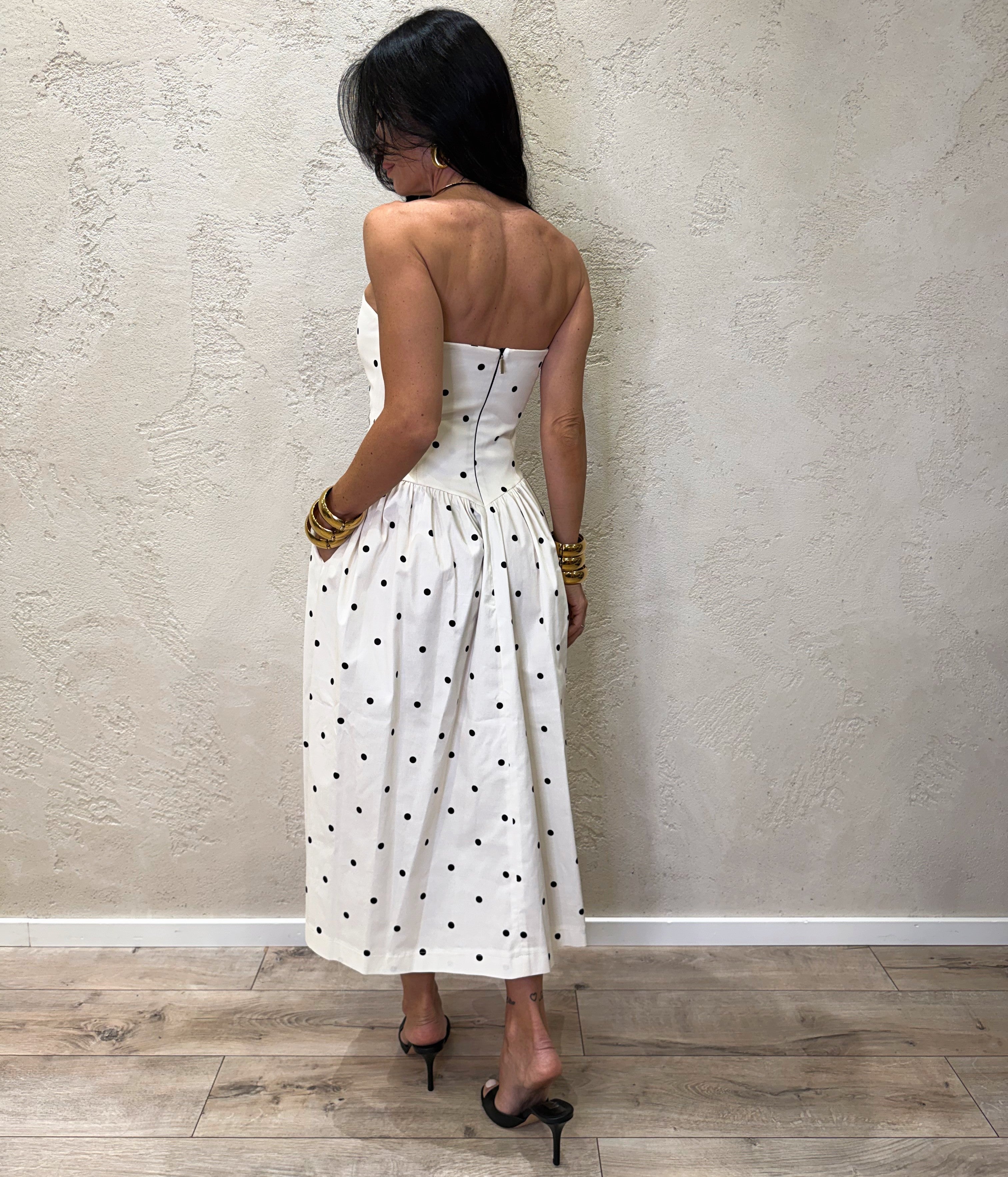 abito midi a pois con scollo dritto AFCOLWJ BURRO/NERO IMPERIAL 