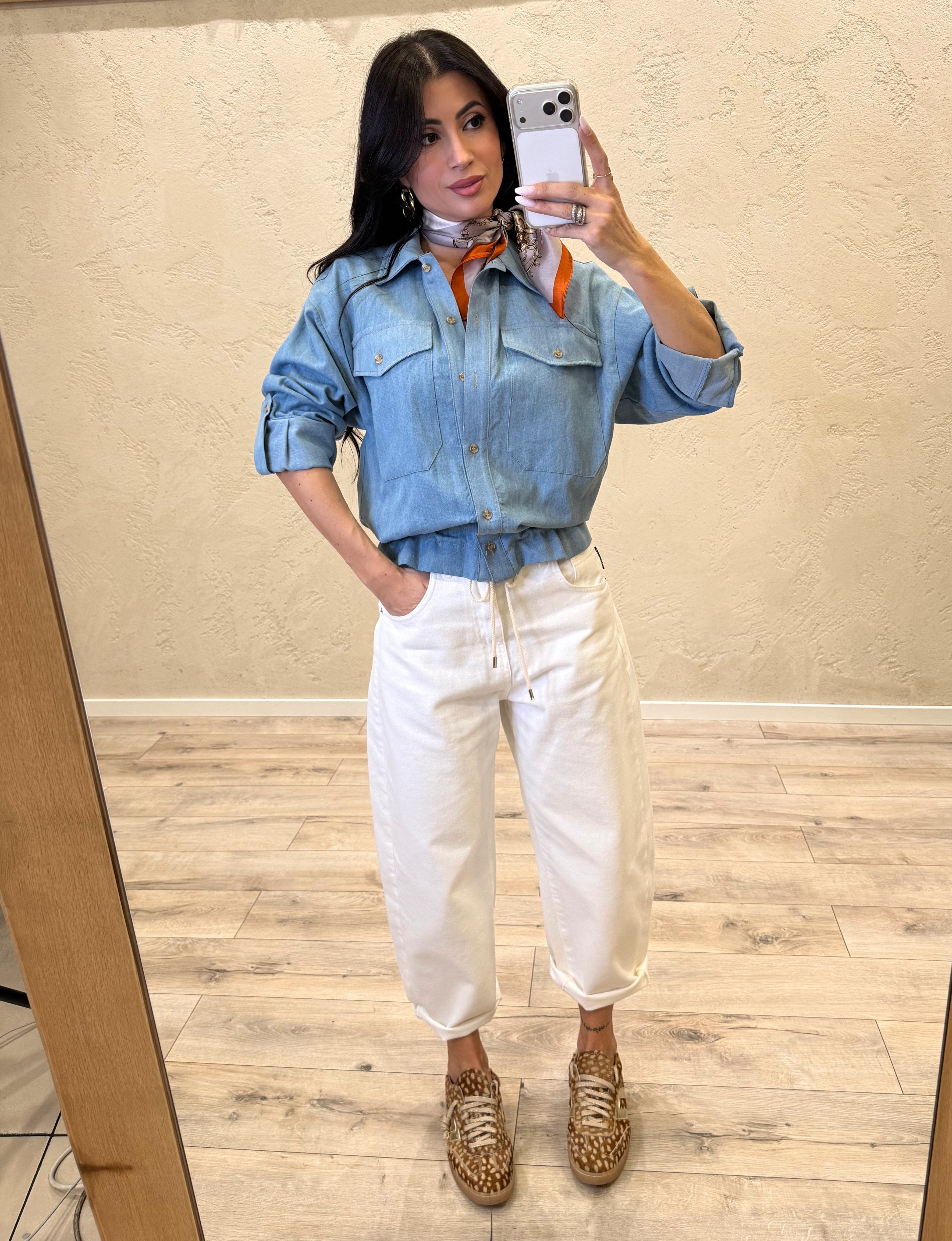 camicia in chambray con coulisse in corda sul fondo C9990096 AZZURRO DENIM IMPERIAL 