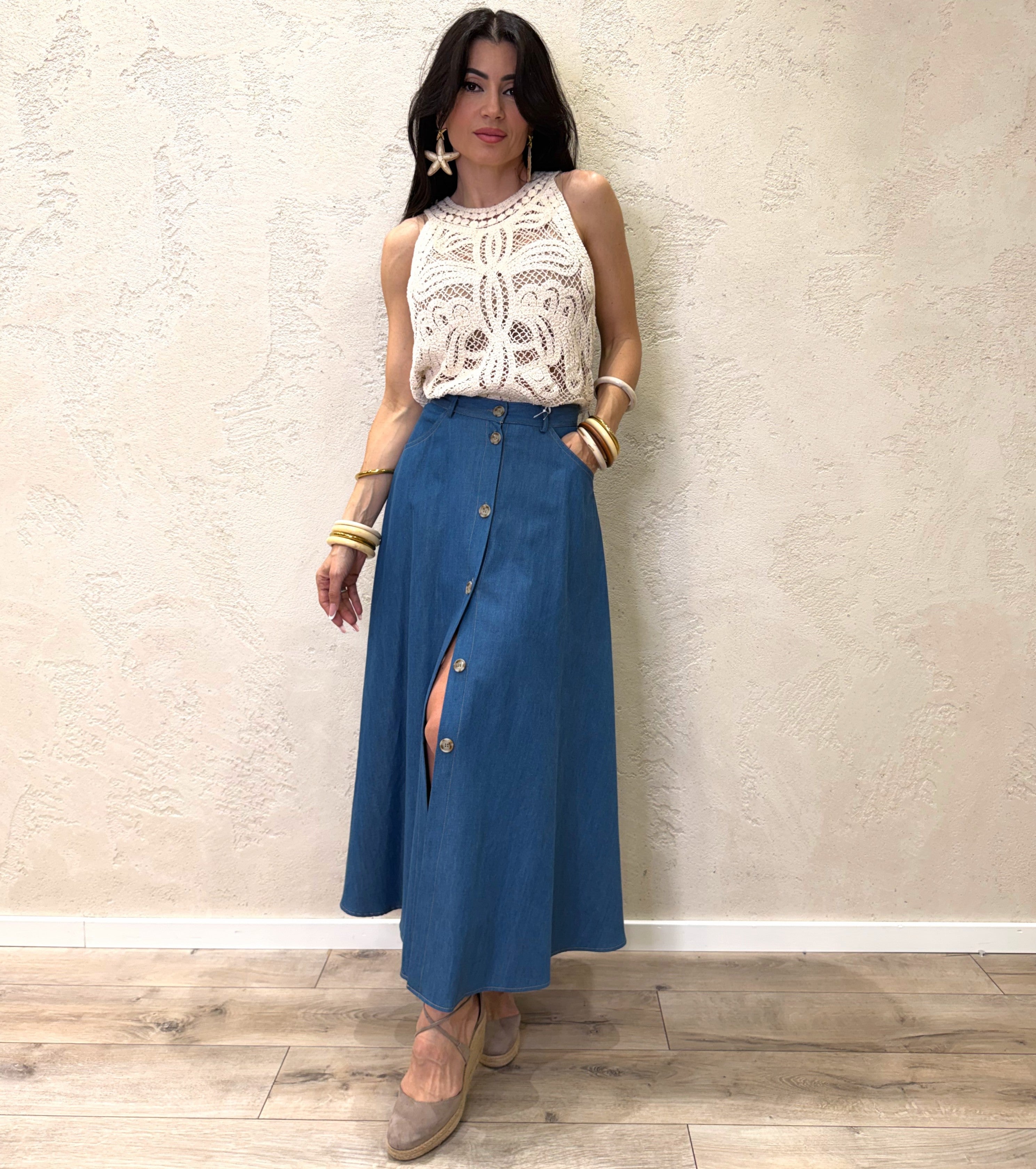 gonna midi in tela chambray con bottoni G9990041V DENIM BLU IMPERIAL 