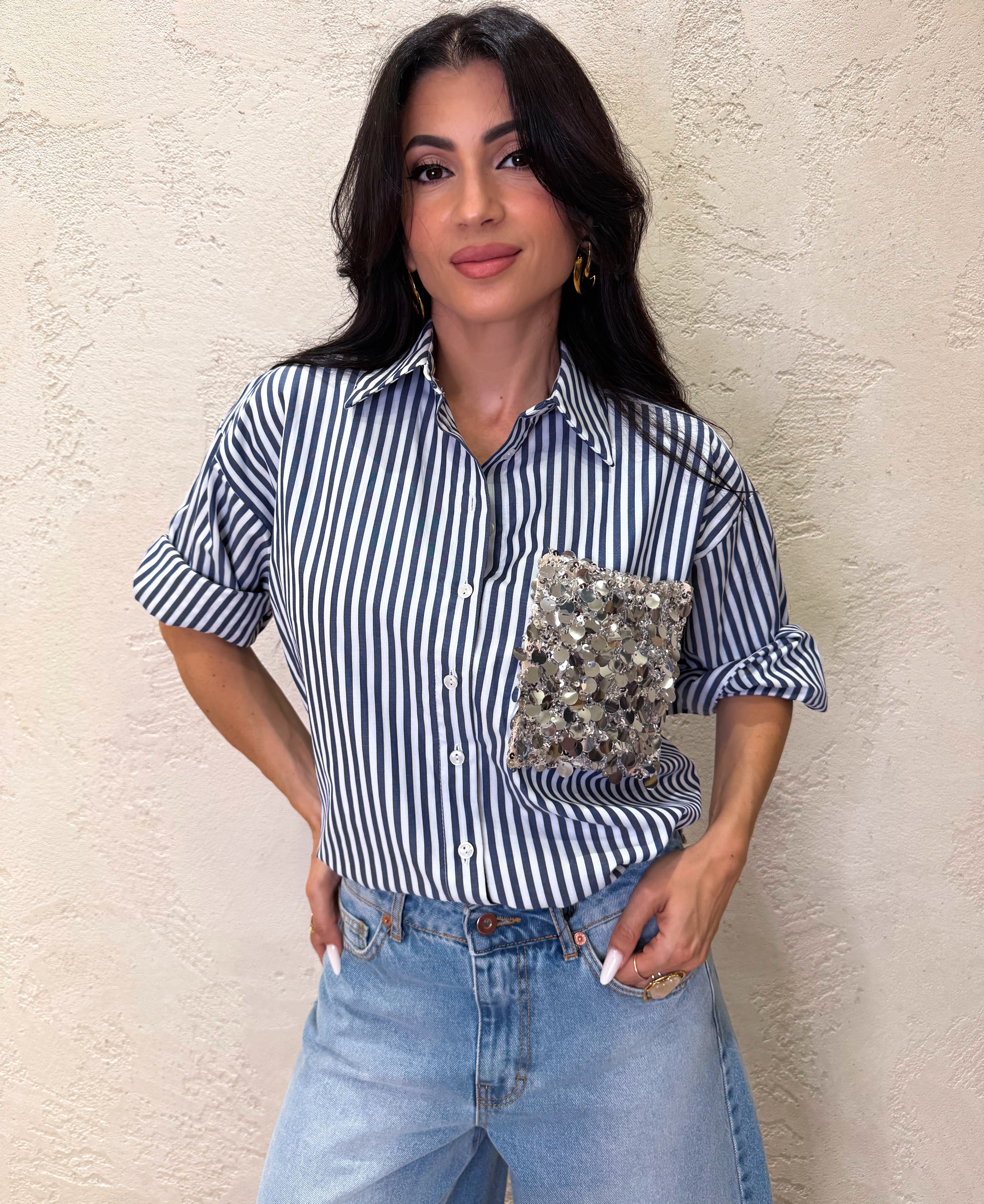 camicia a righe con tasca pailettes S26CE26 BIANCO/BLU MOTEL 