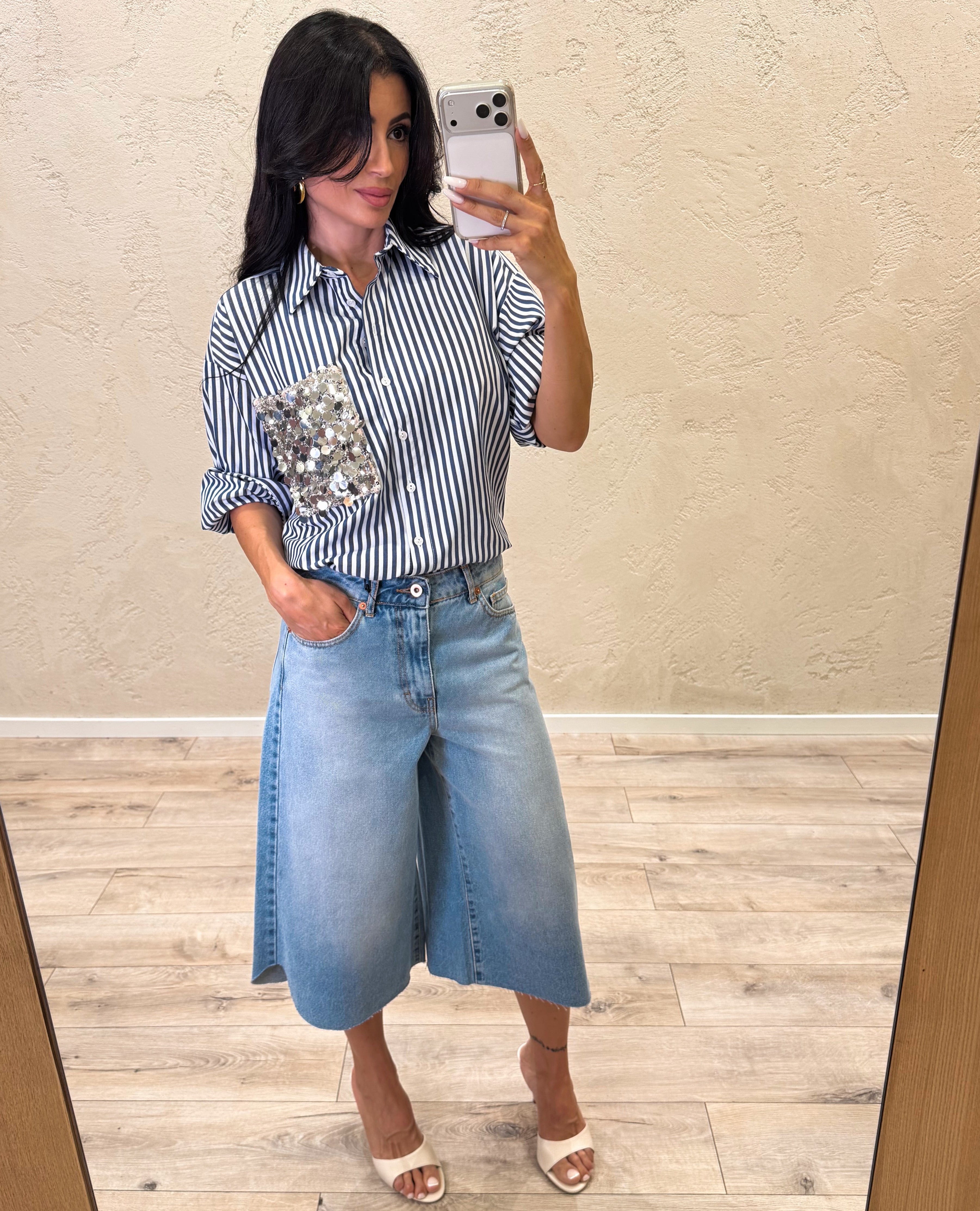 camicia a righe con tasca pailettes S26CE26 BIANCO/BLU MOTEL 