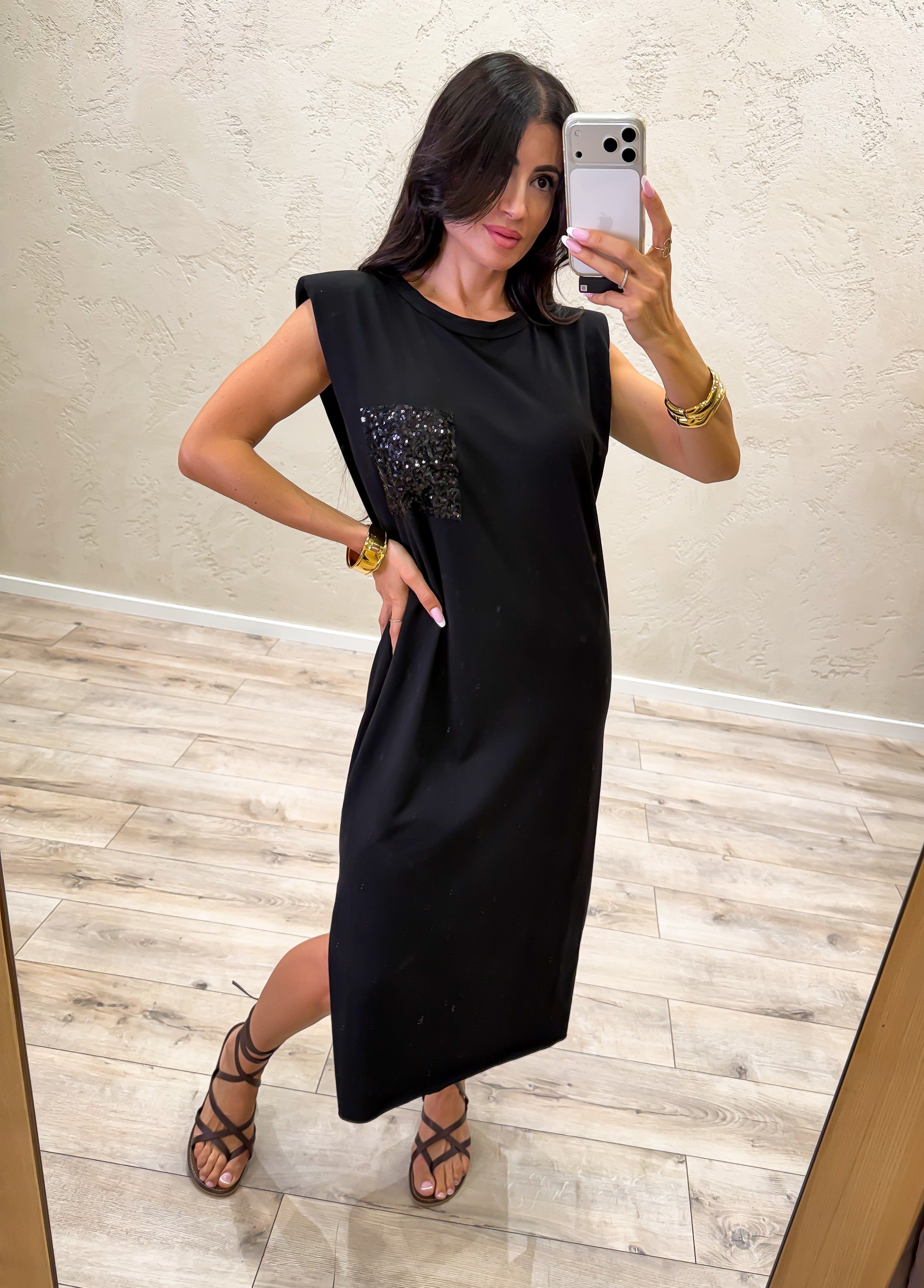 abito midi in cotone elasticizzato tasca pailettes e spalline rinforzate 12251 NERO SUSY MIX 