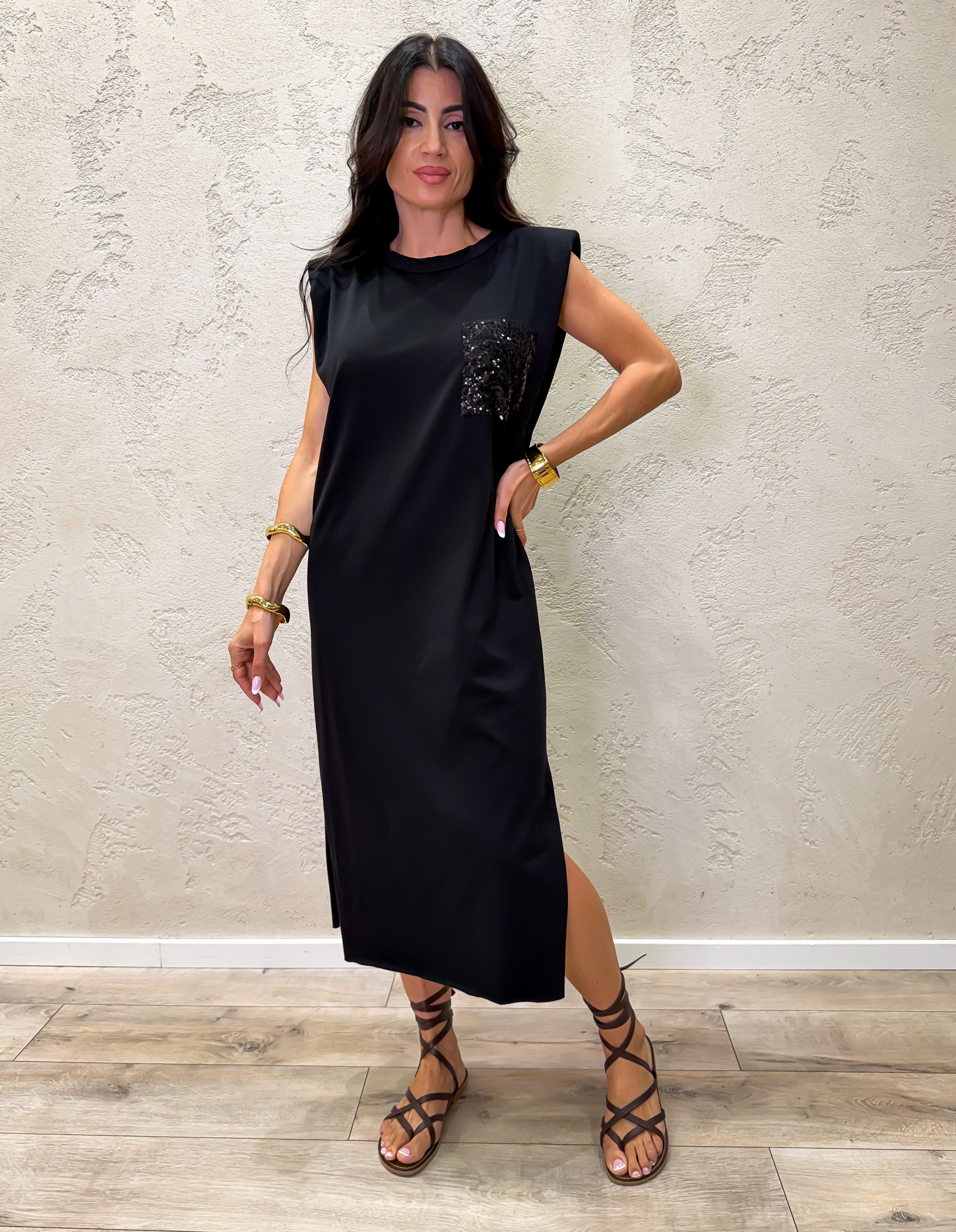abito midi in cotone elasticizzato tasca pailettes e spalline rinforzate 12251 NERO SUSY MIX 
