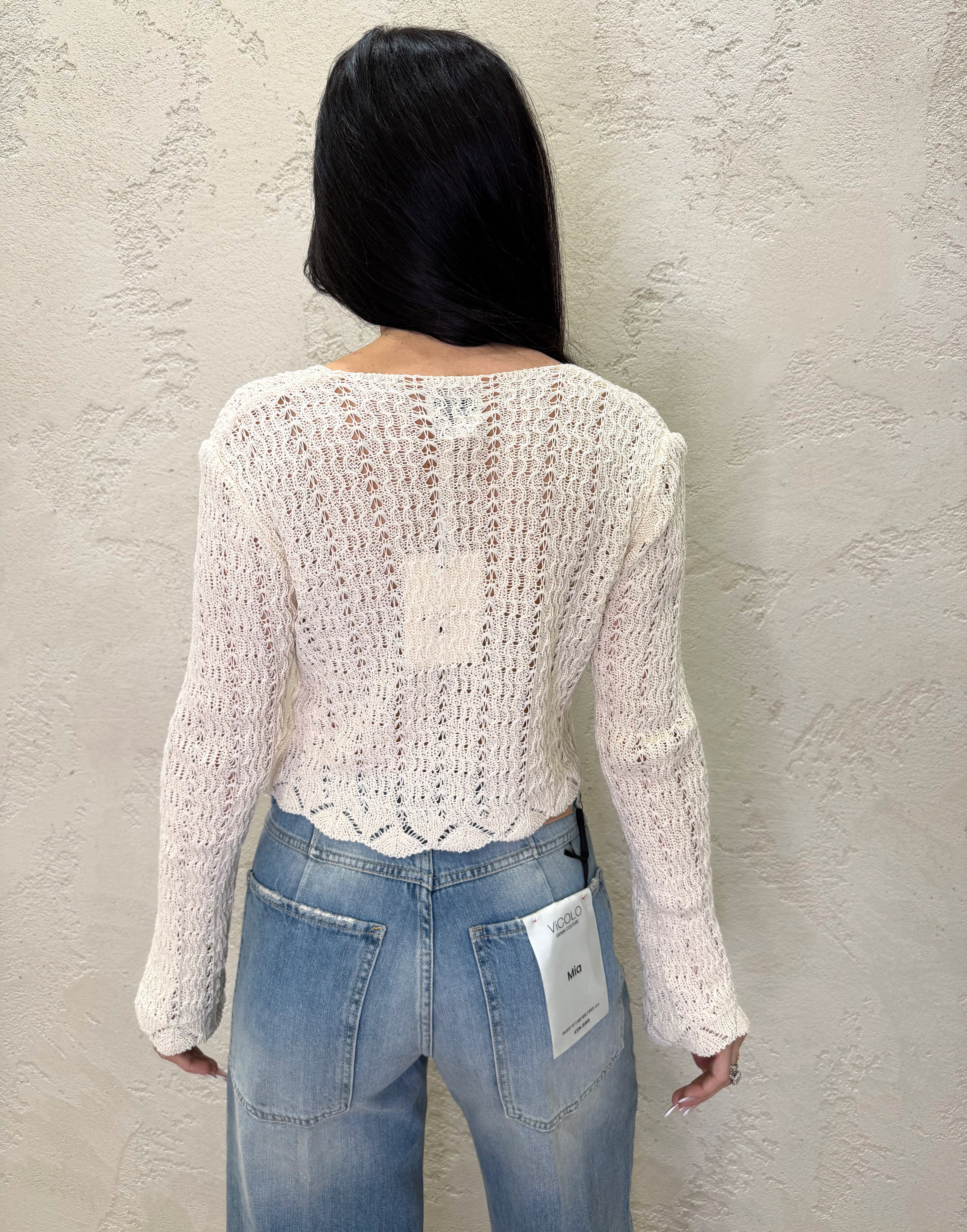 cardigan corto in maglia traforata con lacci frontali 26172 CREMA SUSY MIX 