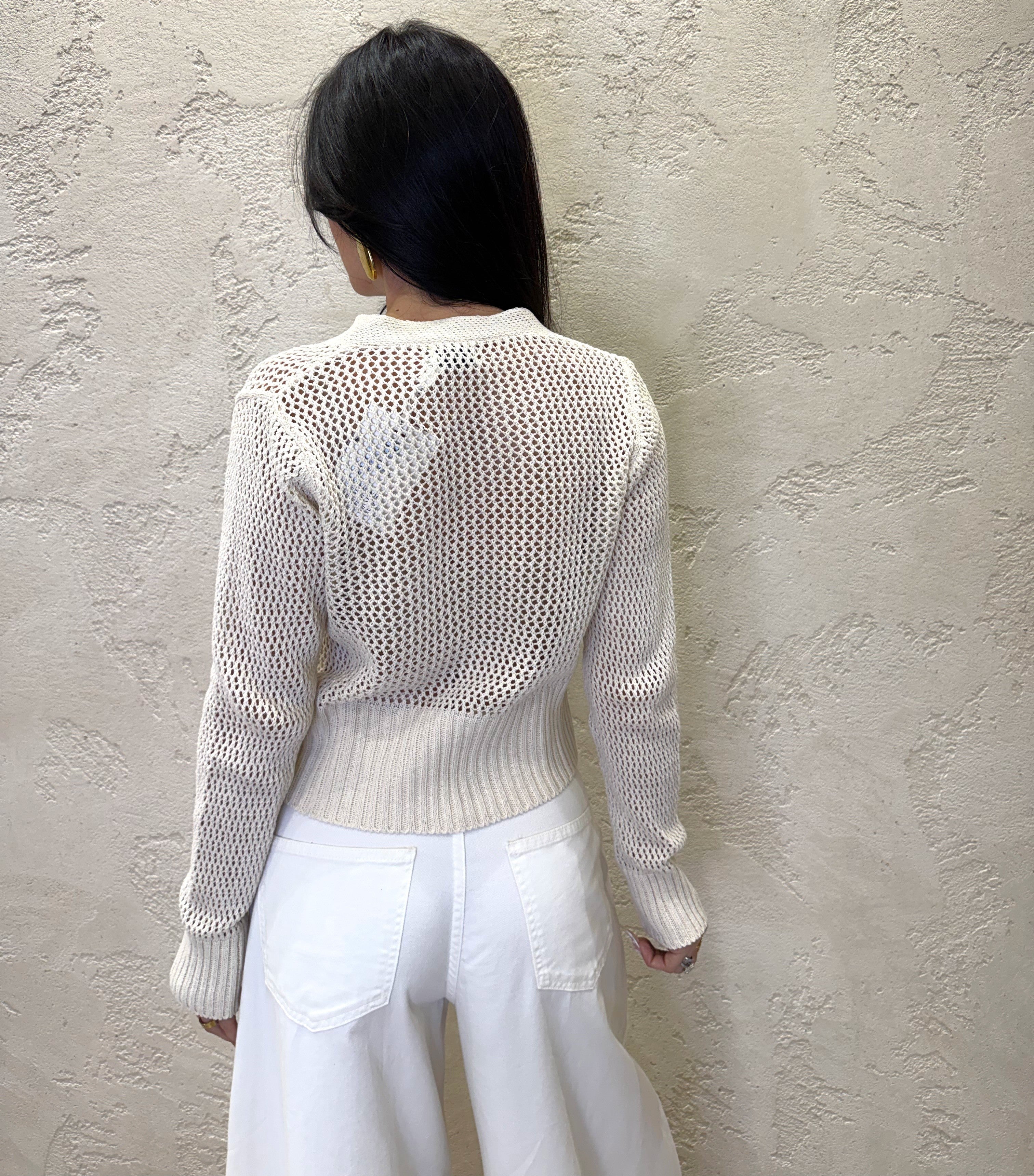 cardigan in maglia traforato con bottone singolo 26216 LATTE SUSY MIX 