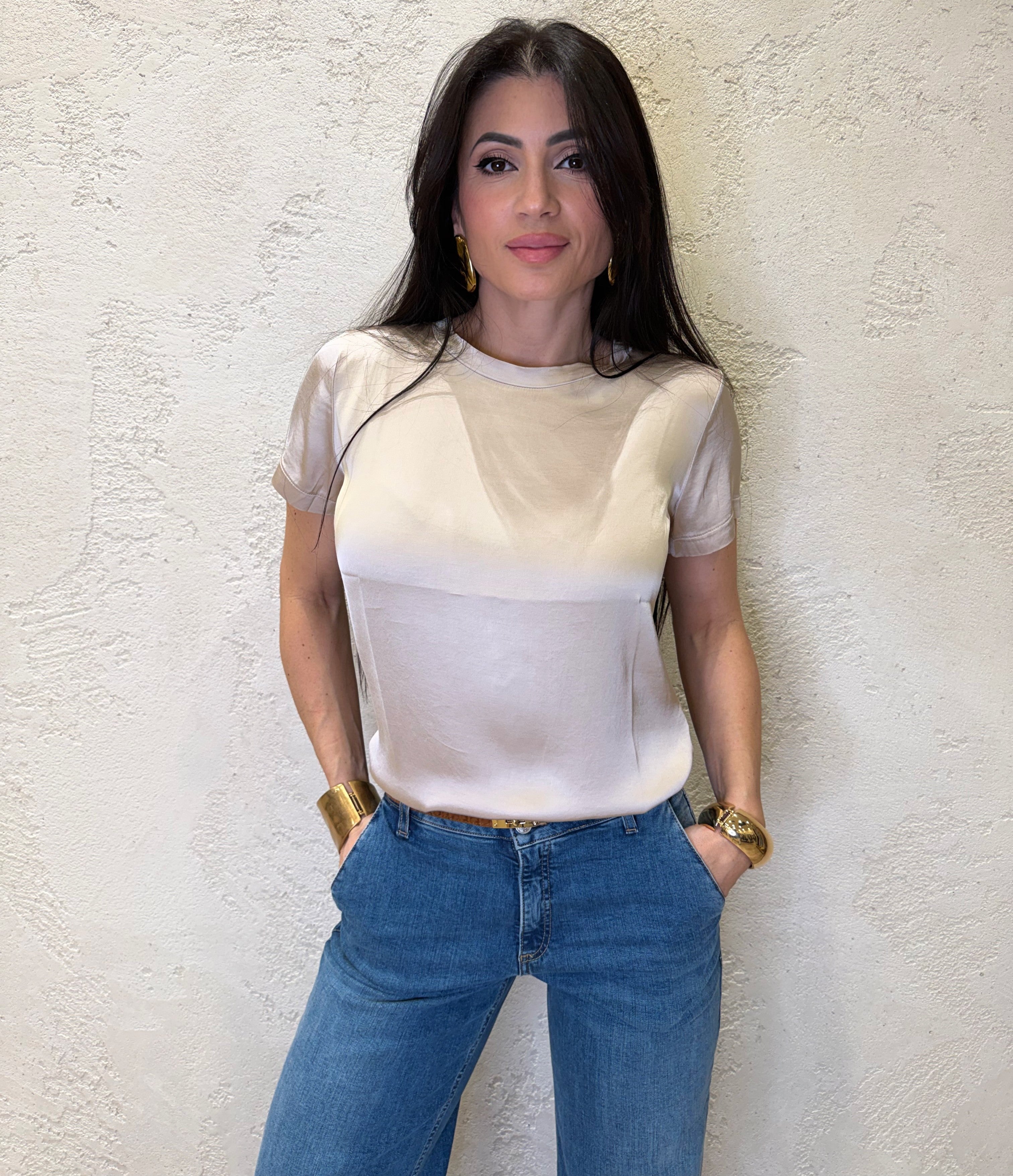 Blusa elasticizzata in satin 26FA705BU BEIGE SUSY MIX 
