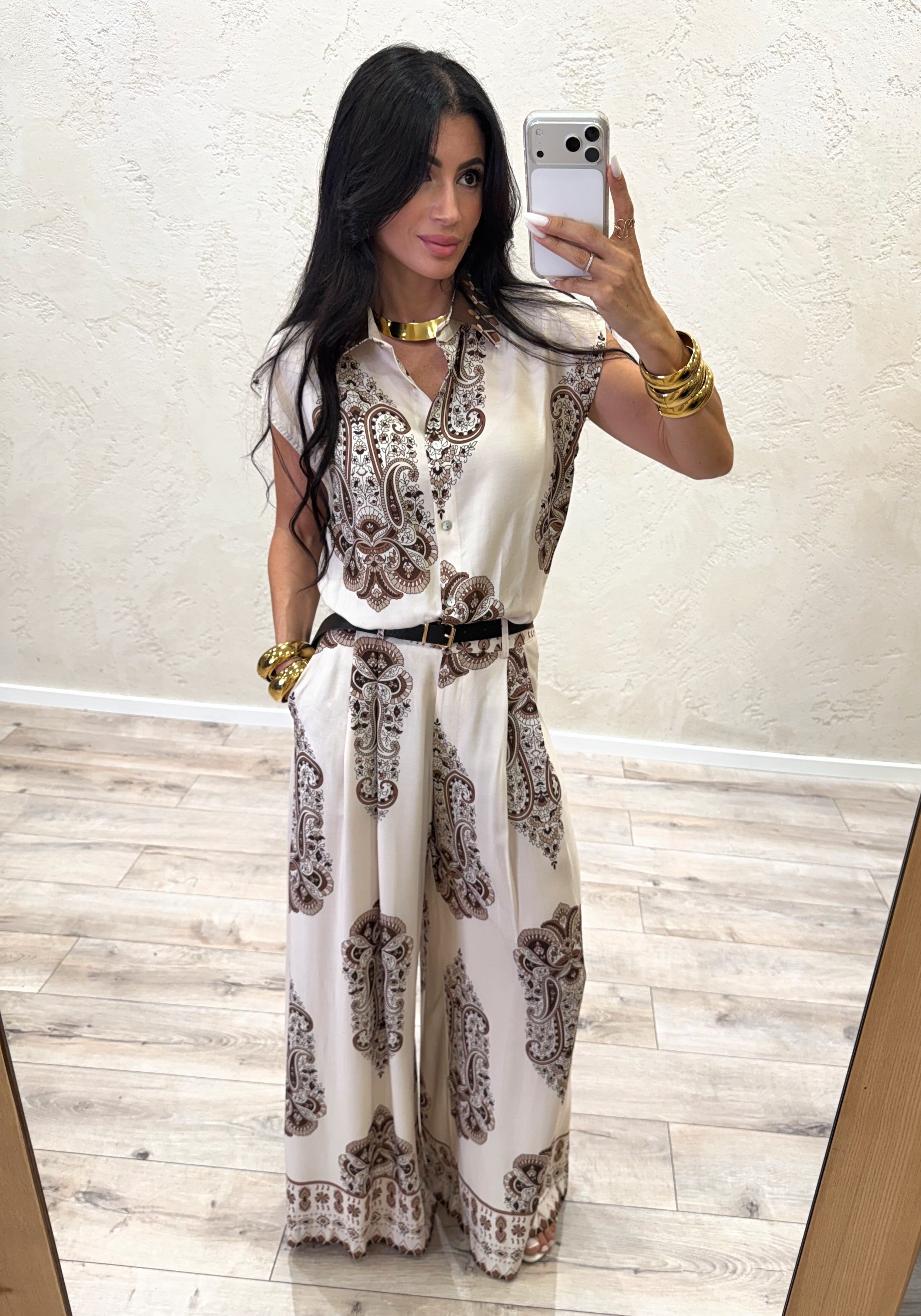 camicia smanicata in 100% viscosa fantasia etnica 28326H2 BEIGE SUSY MIX 