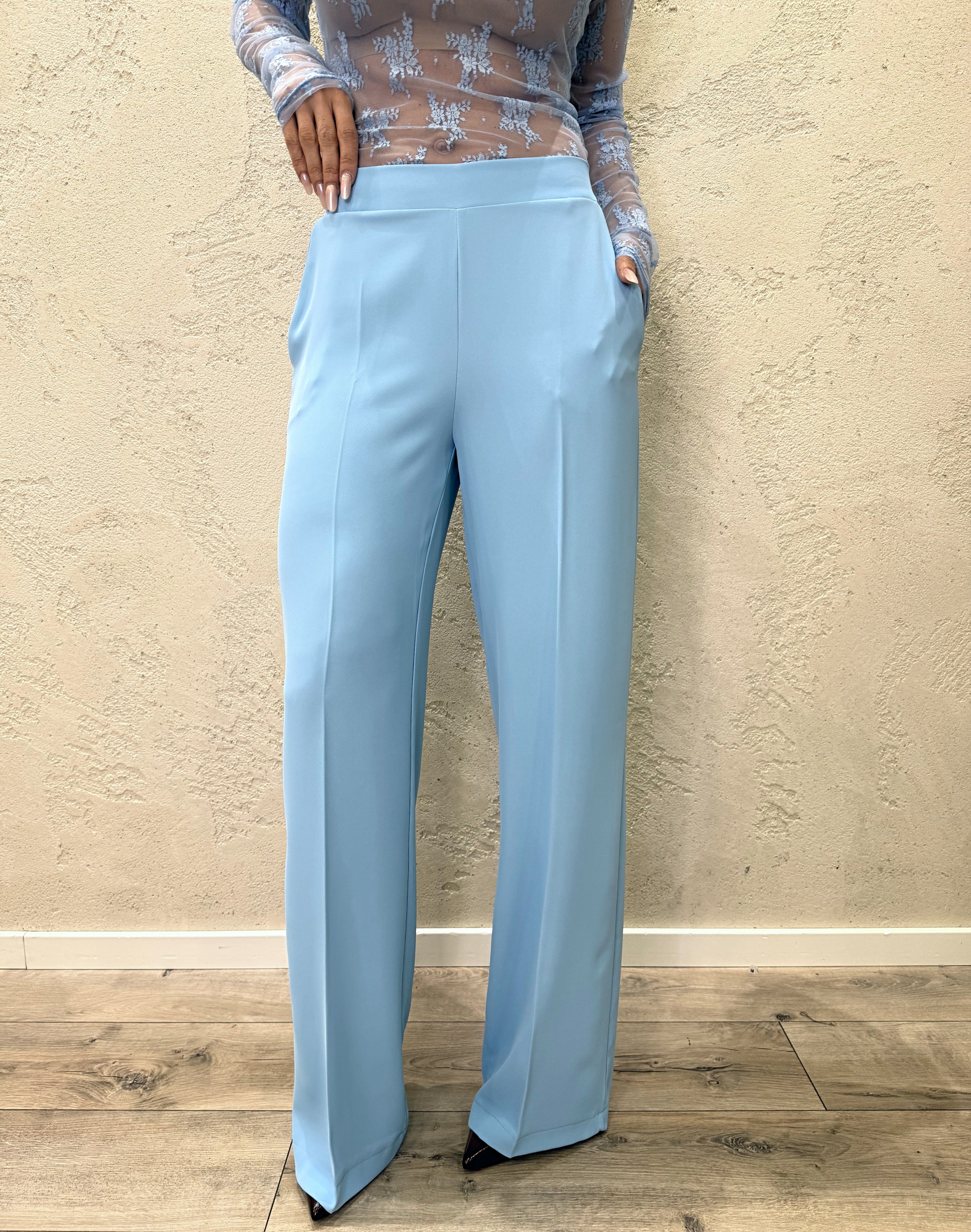 completo blazer con cintura e pantalone tessuto fluido 303211 CELESTE SUSY MIX 