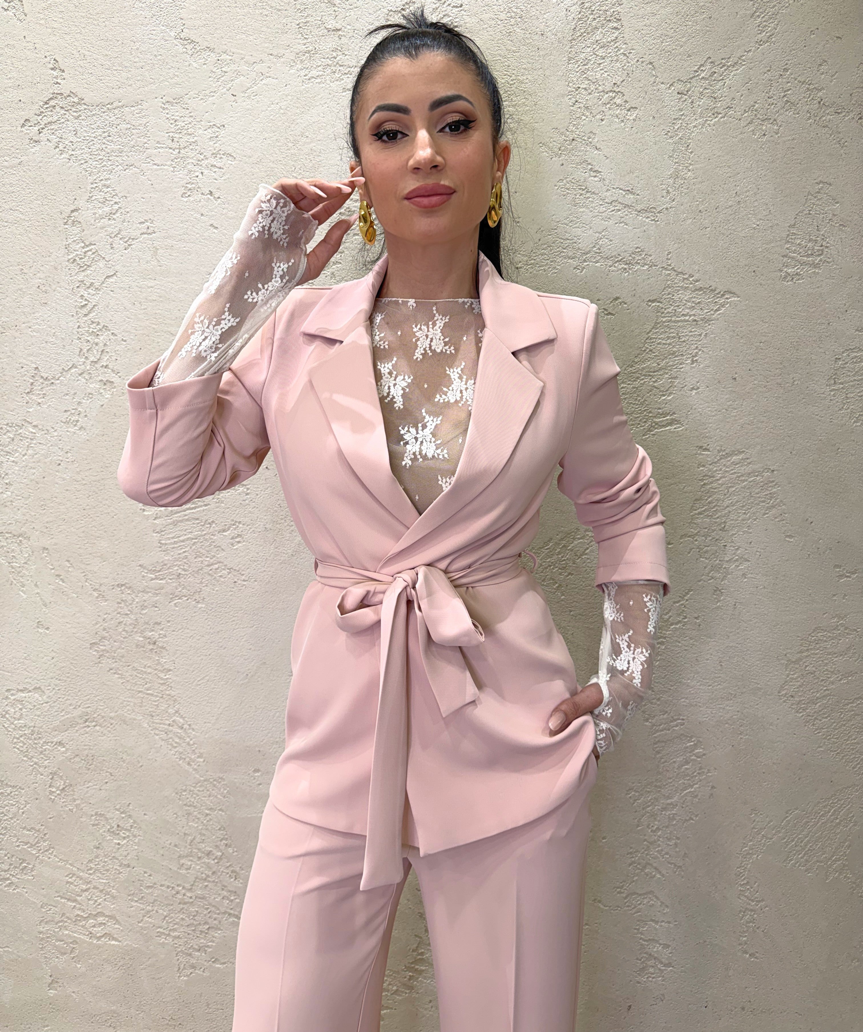 completo blazer con cintura e pantalone tessuto fluido 303211 ROSA CIPRIA SUSY MIX 