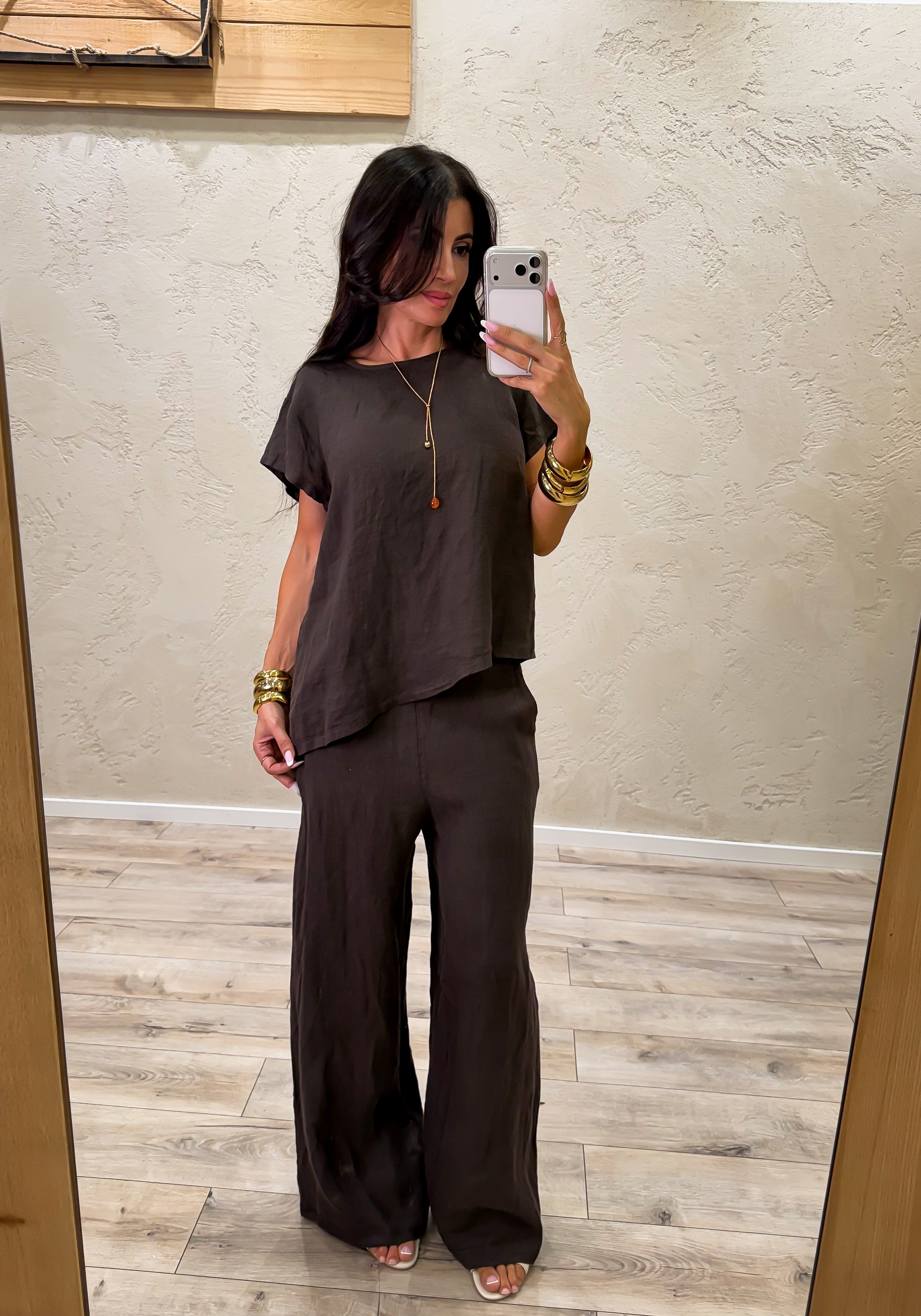 completo in 100% lino composto da blusa e pantalone a palazzo 41004 MORO SUSY MIX 