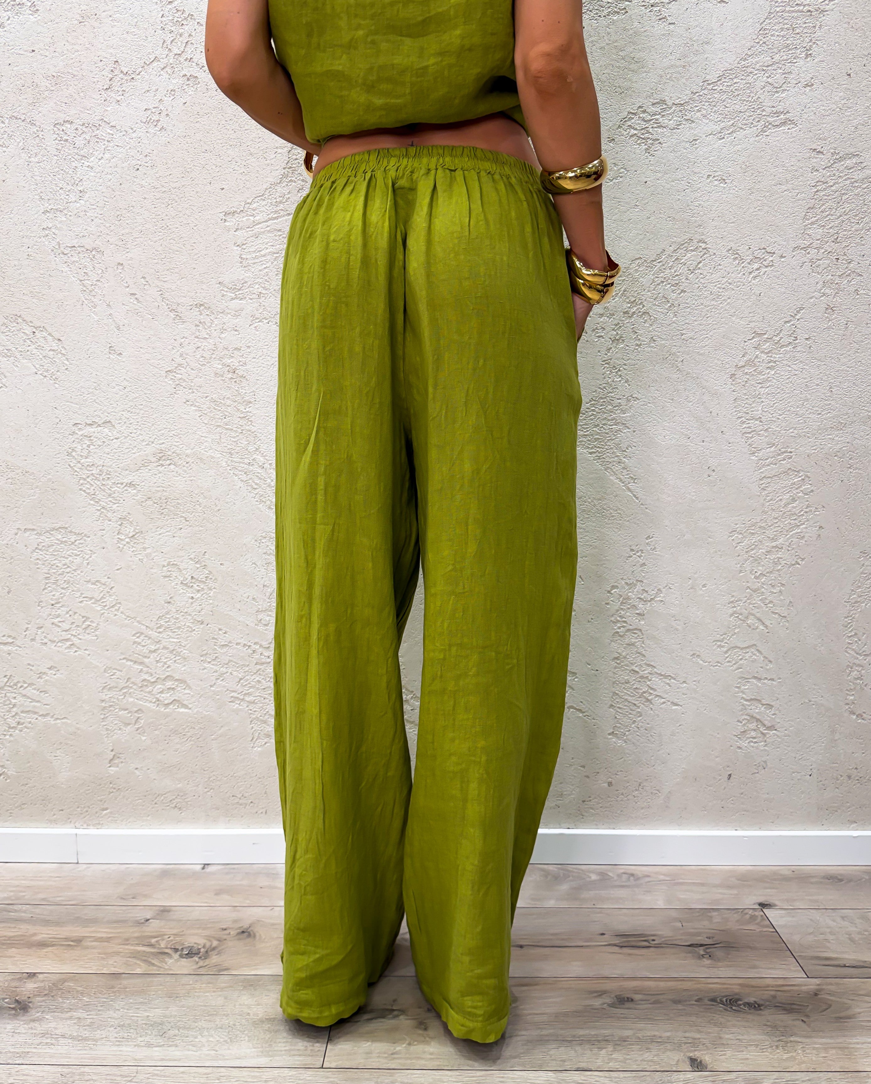 completo in 100% lino composto da blusa e pantalone a palazzo 41004 VERDE OLIVA SUSY MIX 