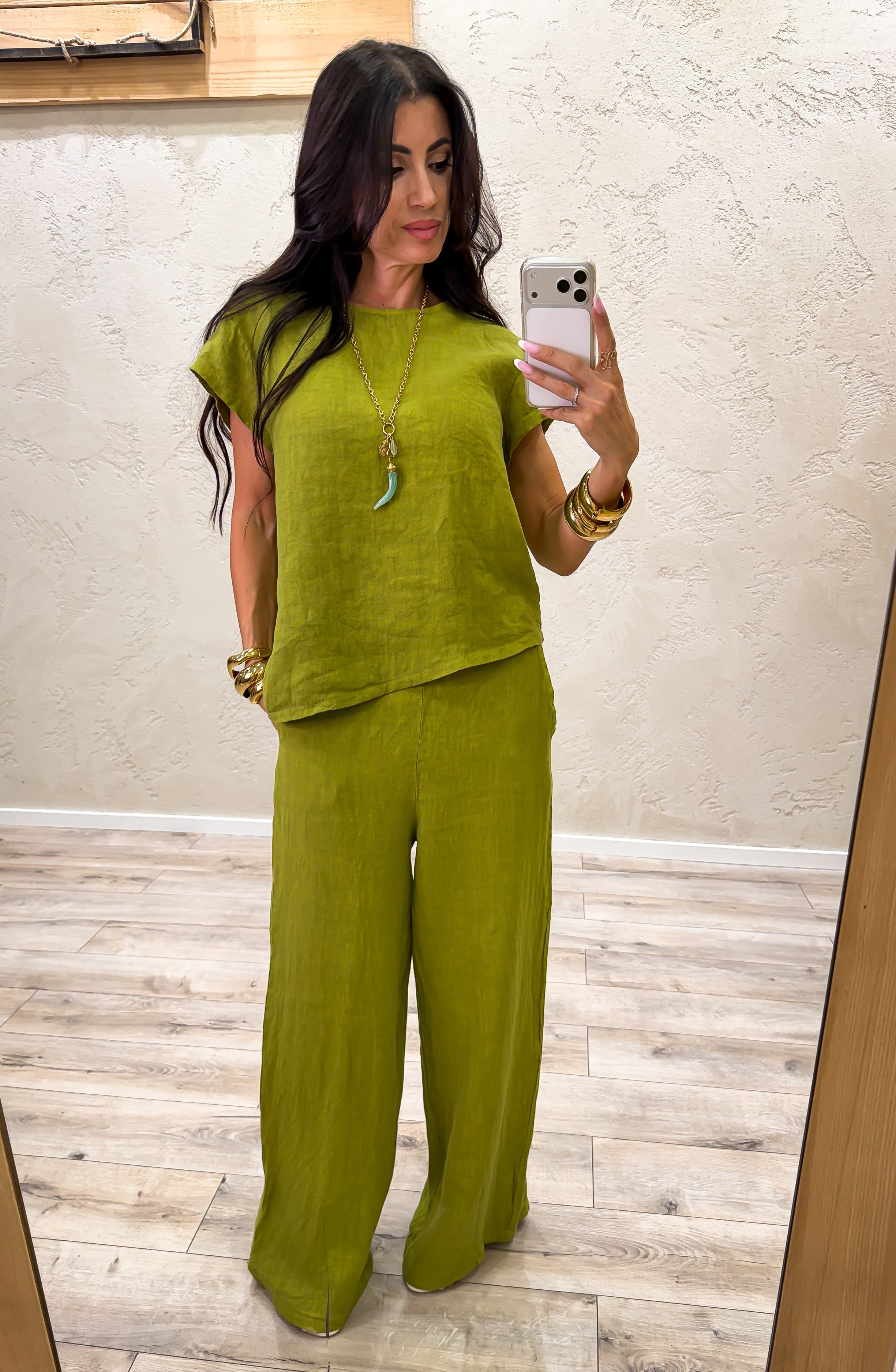 completo in 100% lino composto da blusa e pantalone a palazzo 41004 VERDE OLIVA SUSY MIX 