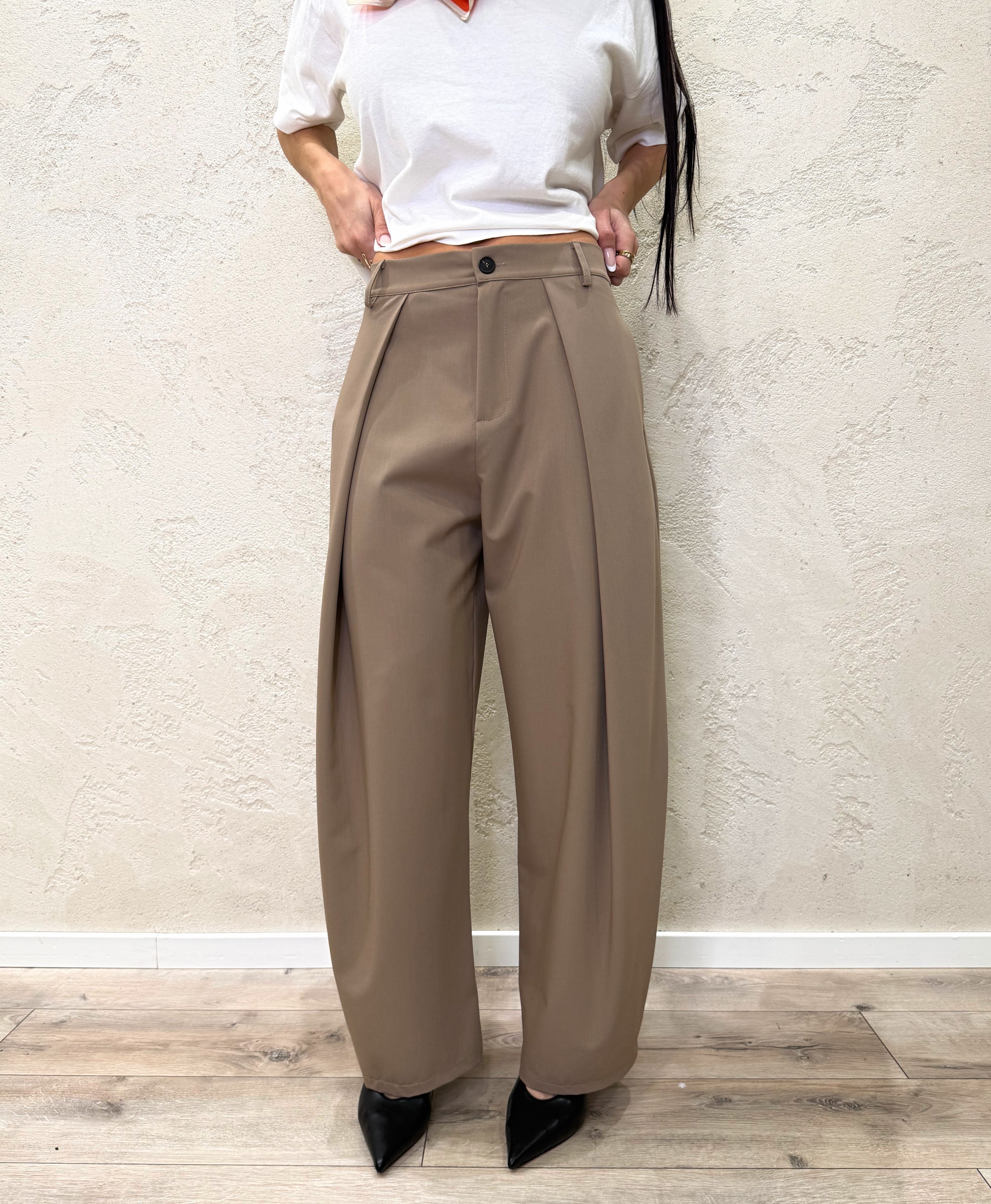 pantaloni modello balloon con pinces misto viscosa elasticizzati 63652 CARAMELLO SUSY MIX 