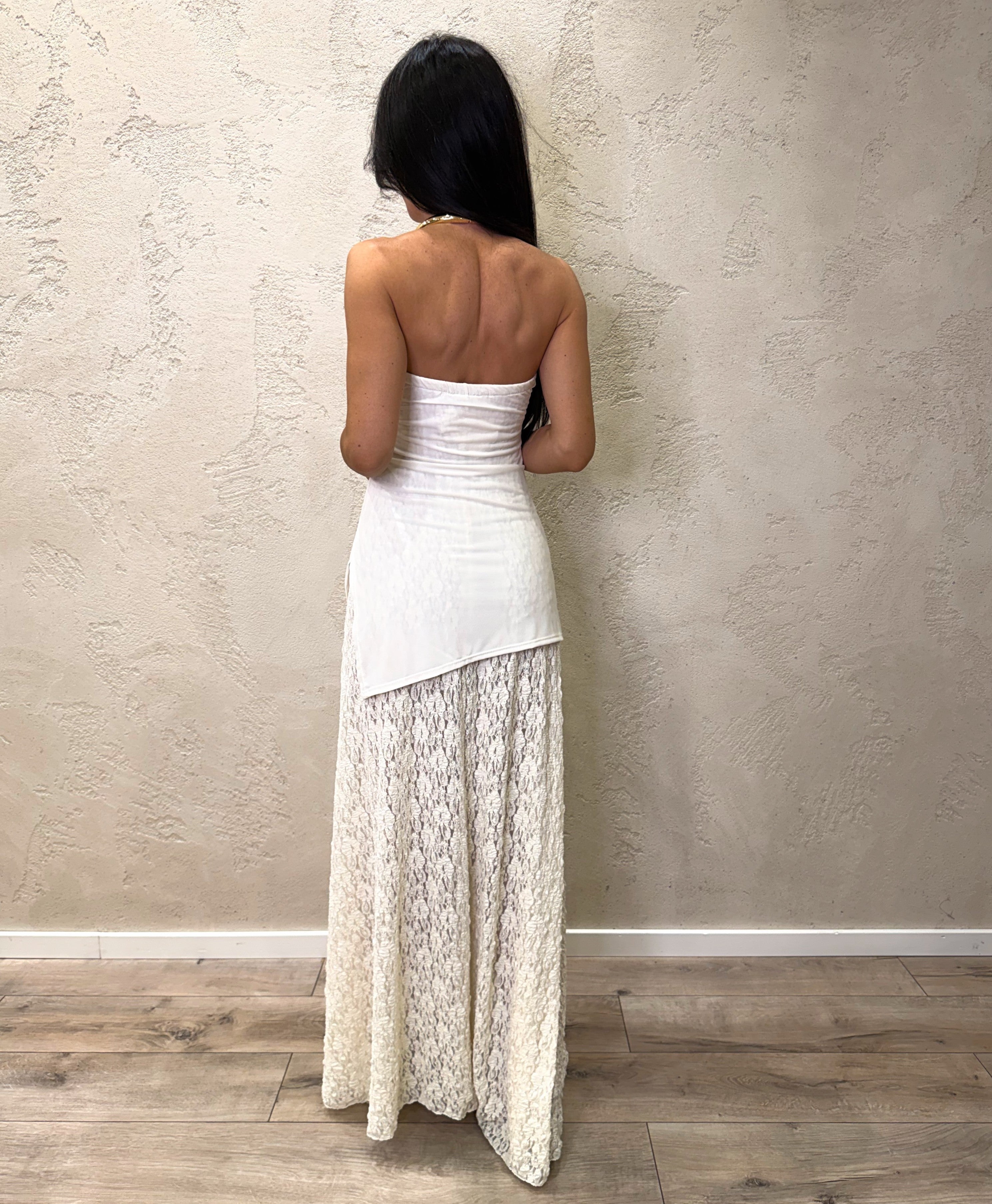 abito lungo a fascia in dobbio tessuto con fondo in pizzo A118263 LATTE SUSY MIX 