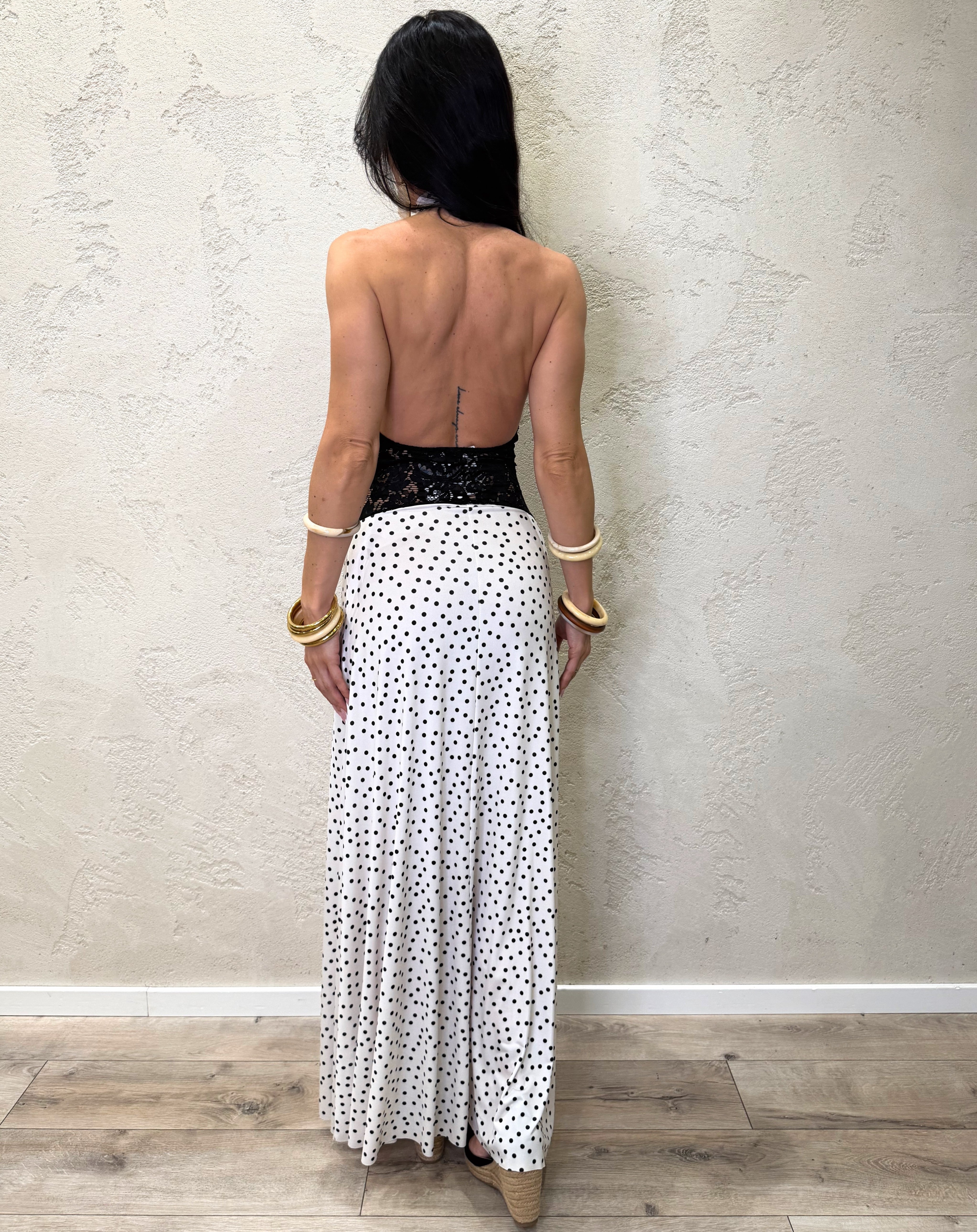 abito lungo a pois con inserto in pizzo A11969IT BIANCO/NERO SUSY MIX 