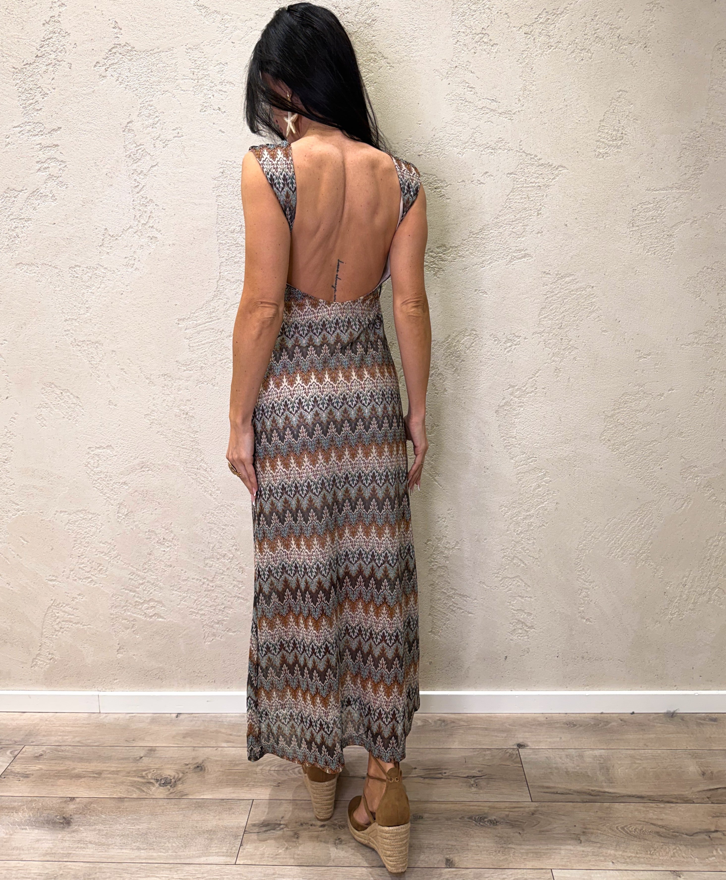 abito lungo in fantasia missoni con schiena scoperta C73726 CELESTE SUSY MIX 