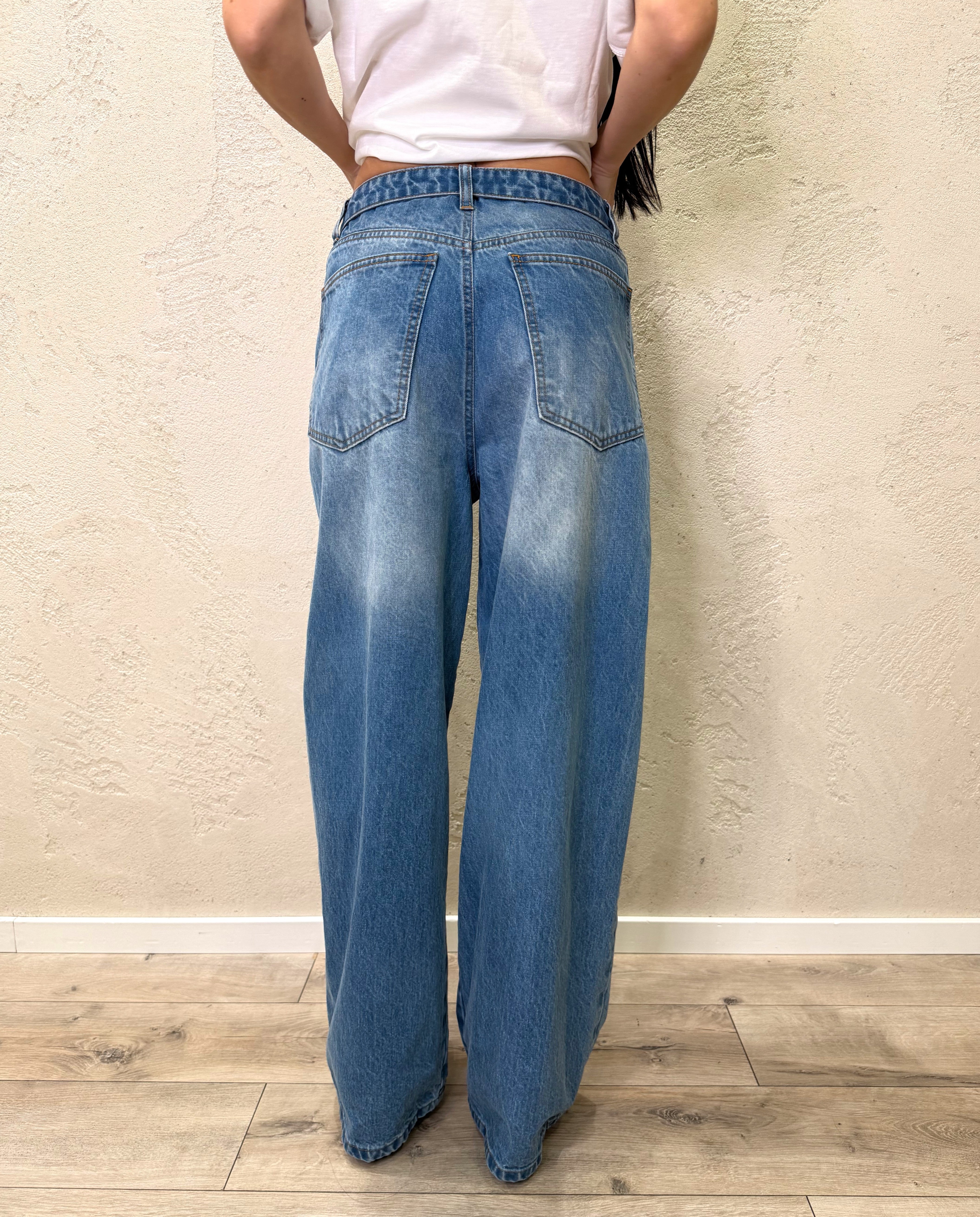 jeans modello baggy con vita rigirata P21103 DENIM SUSY MIX 