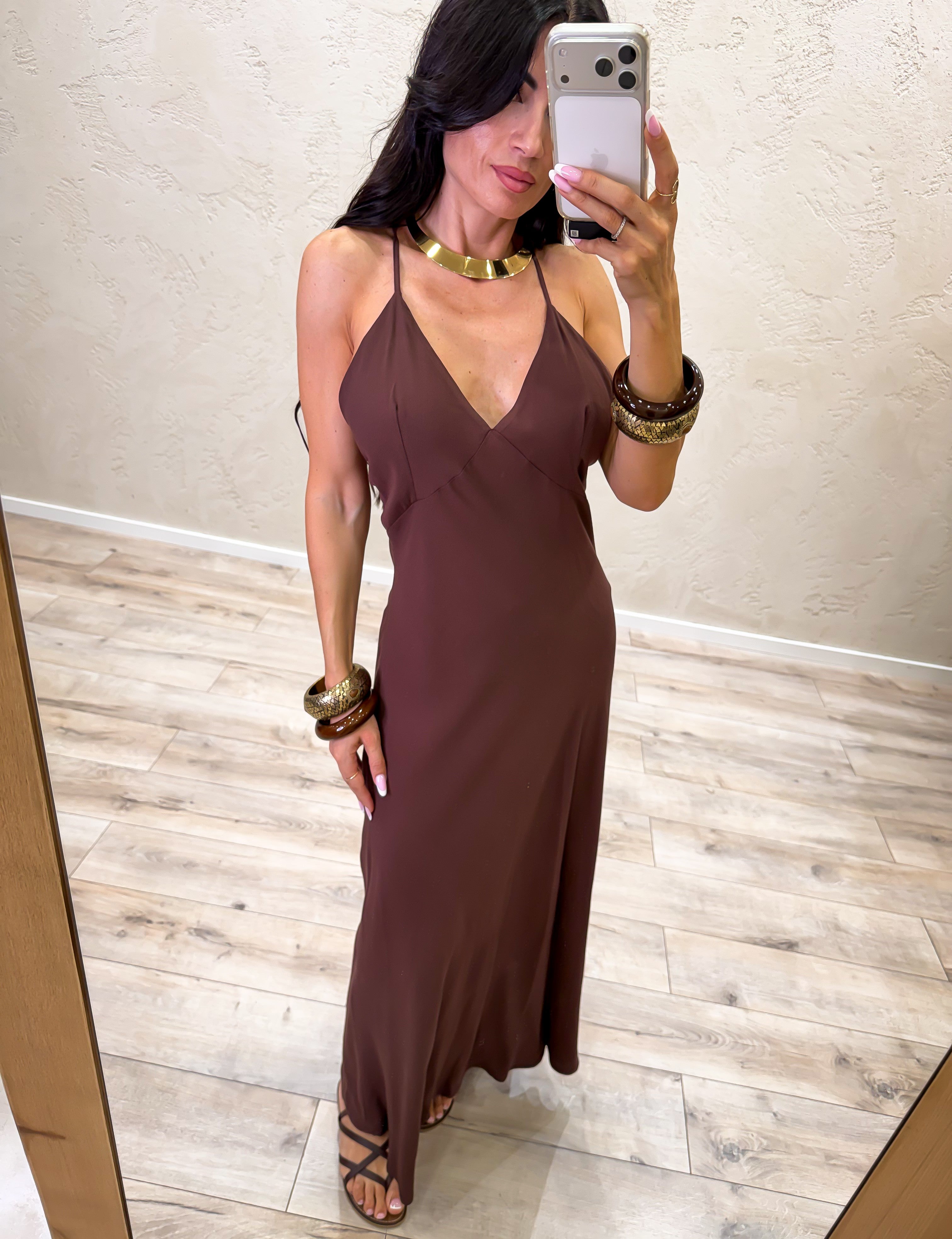 abito lungo in viscosa con accessorio V12610B672 MORO SUSY MIX 