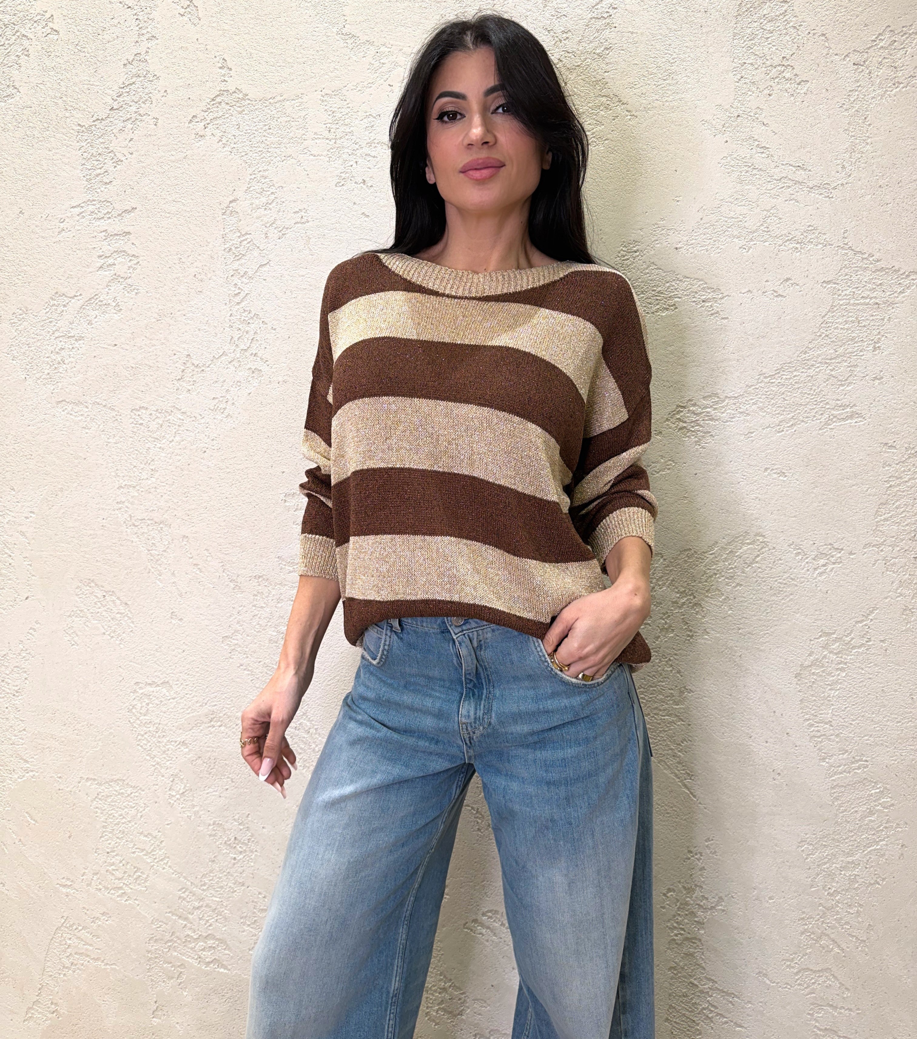 pull vestibilità morbida in lurex fantasia a righe W26020 TABACCO SUSY MIX 