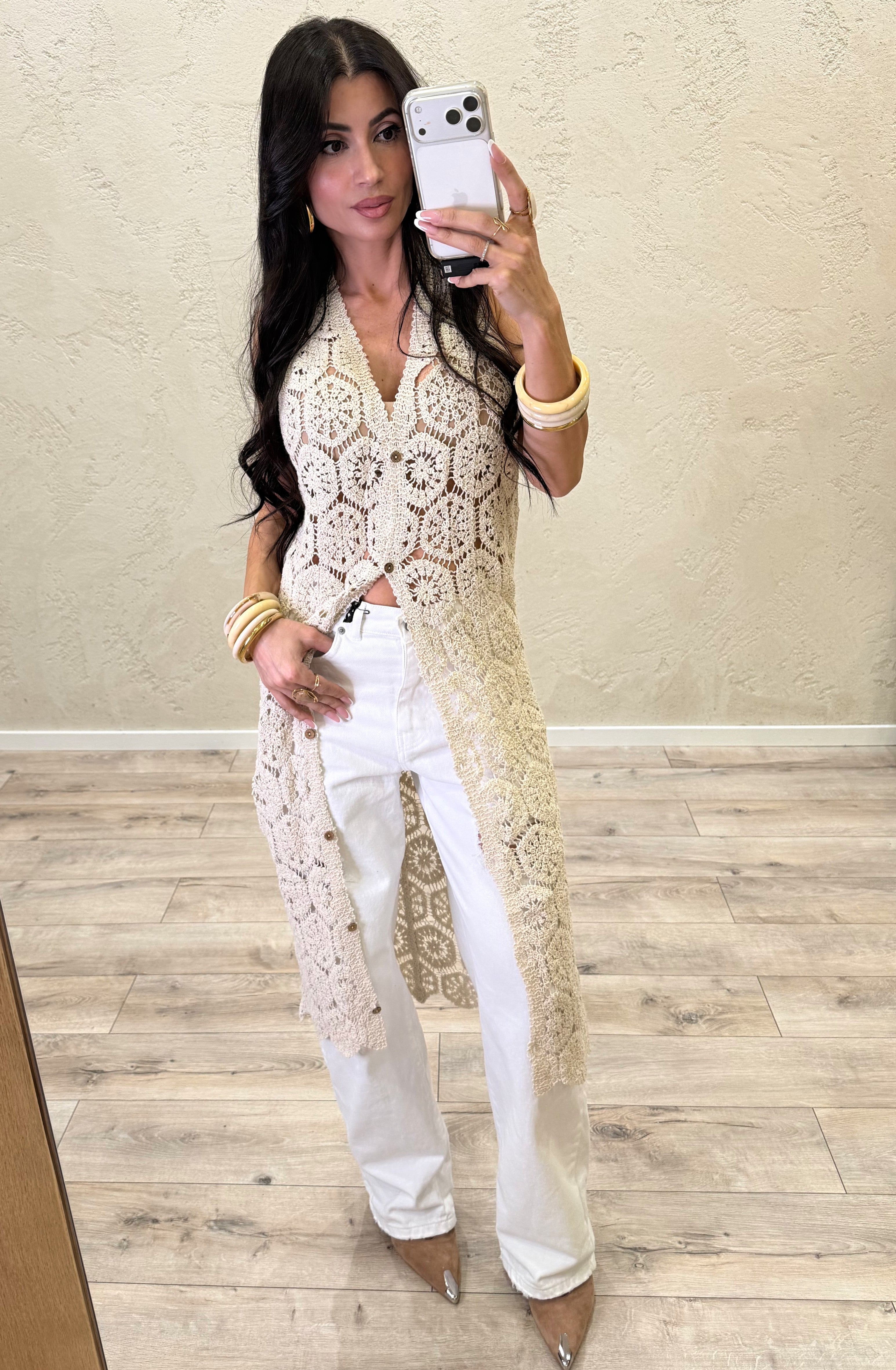 gilet midi in macramè ZS380071 ECRU SUSY MIX 