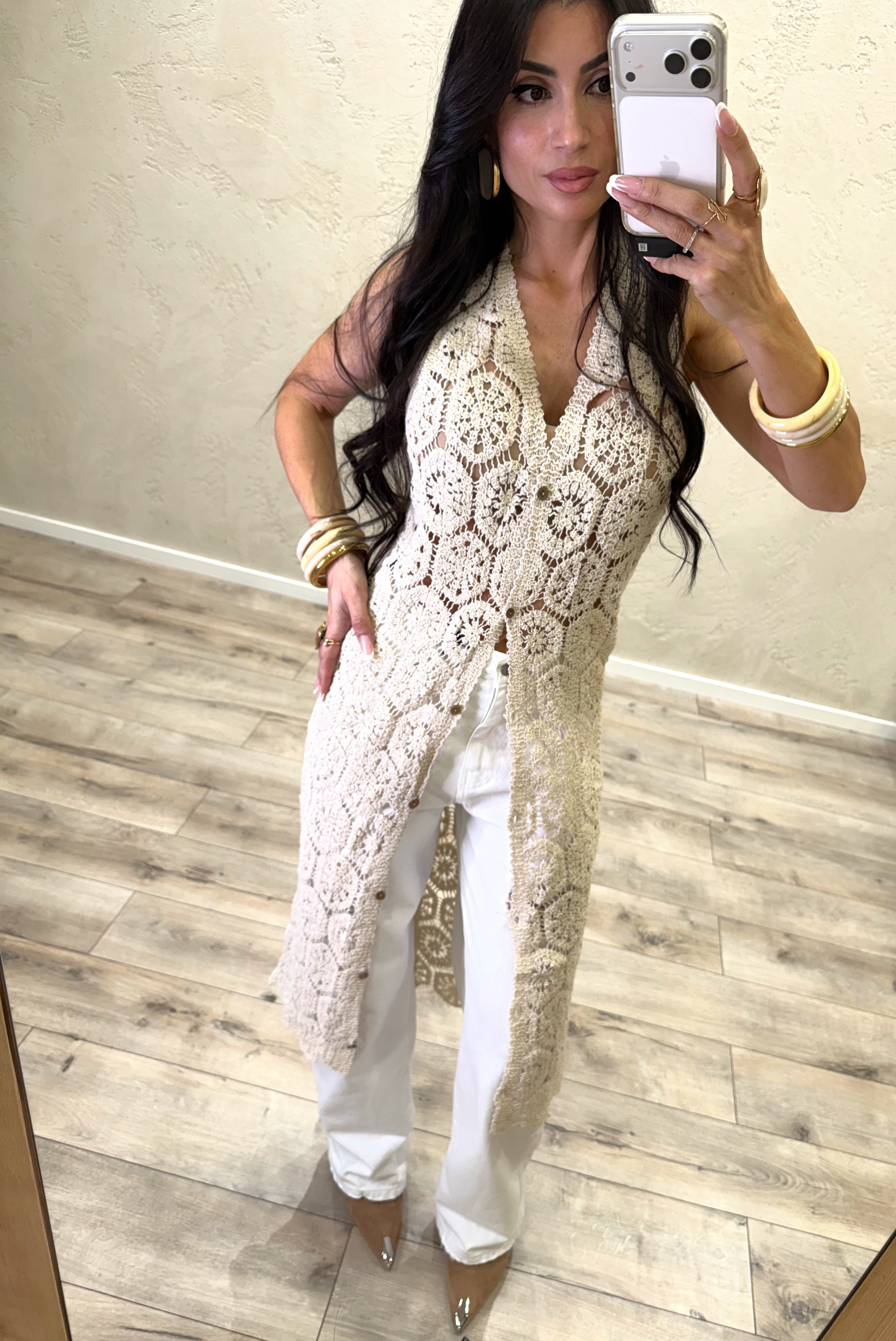 gilet midi in macramè ZS380071 ECRU SUSY MIX 