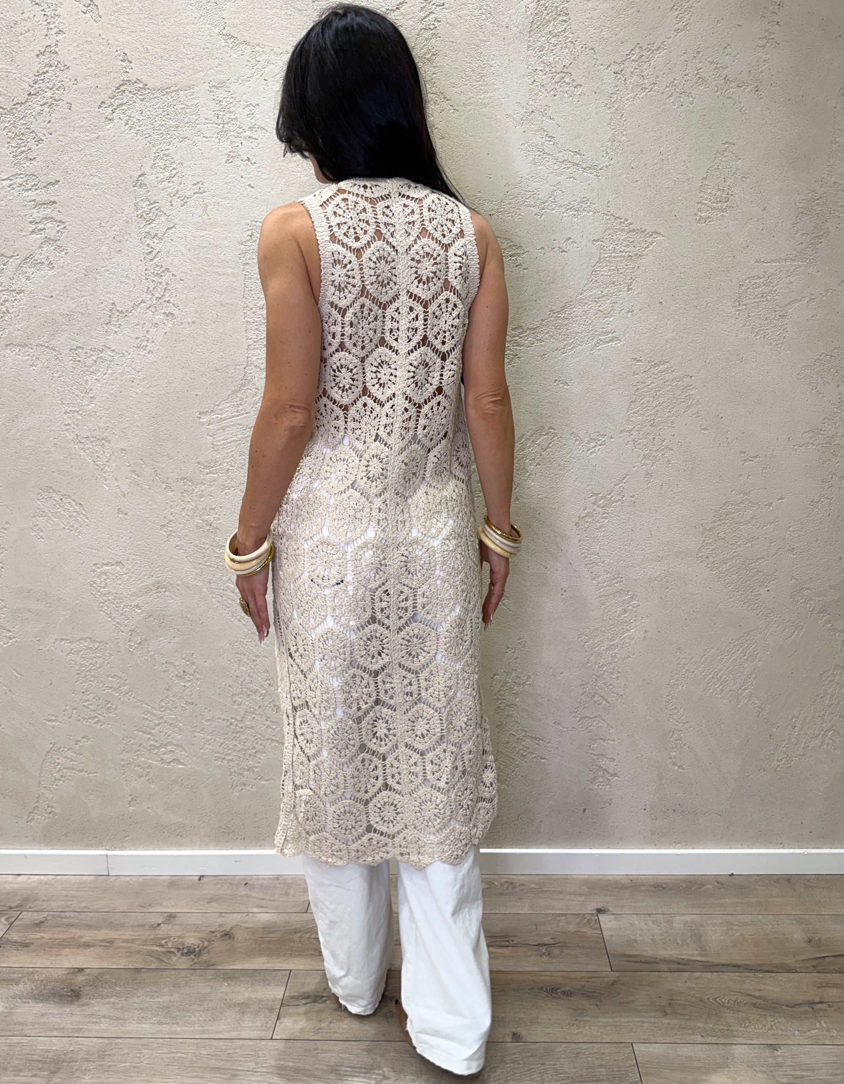 gilet midi in macramè ZS380071 ECRU SUSY MIX 