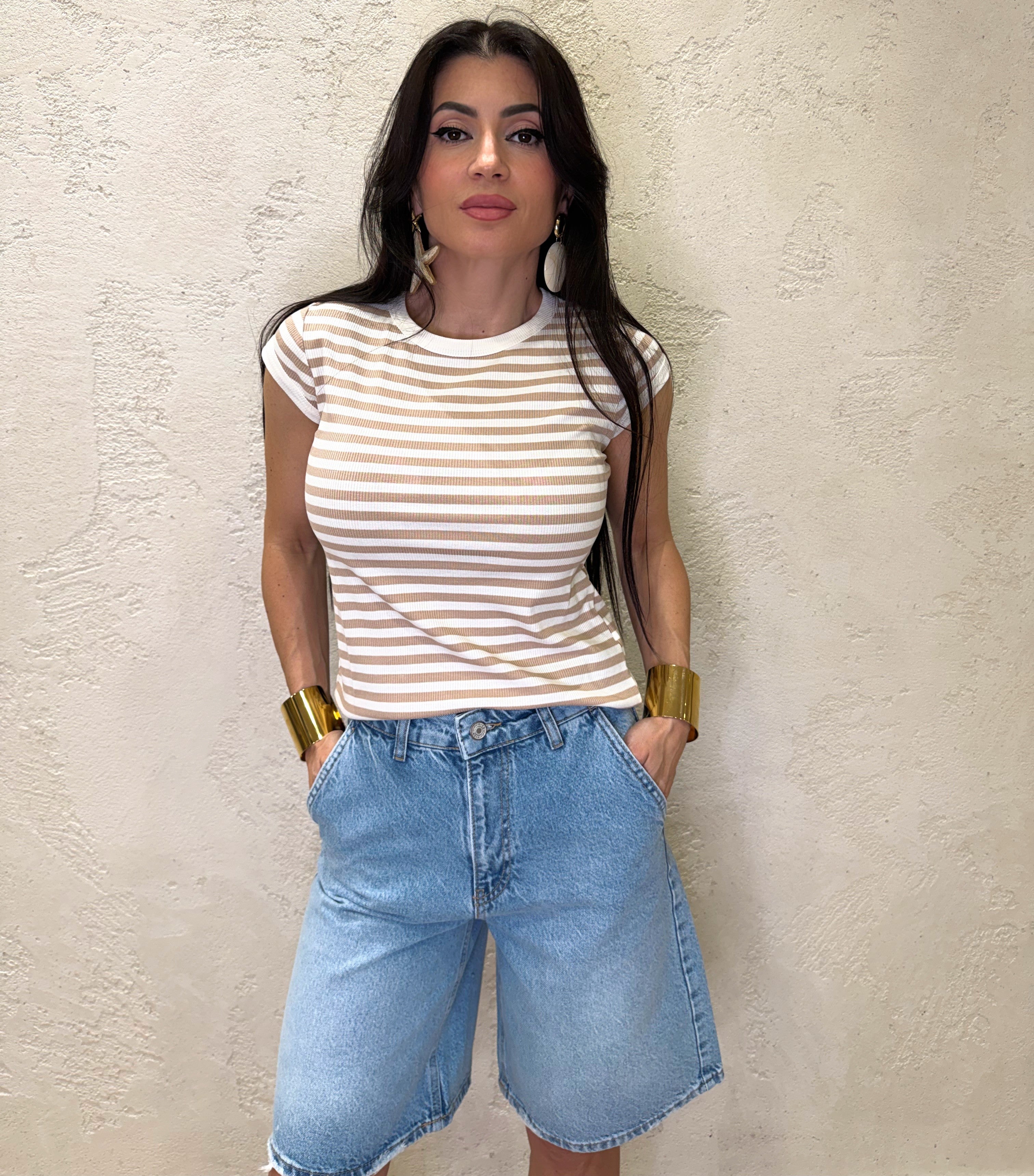 t-shirt esasticizzata a costine fantasia a righe 21011 BEIGE TENSIONE IN 