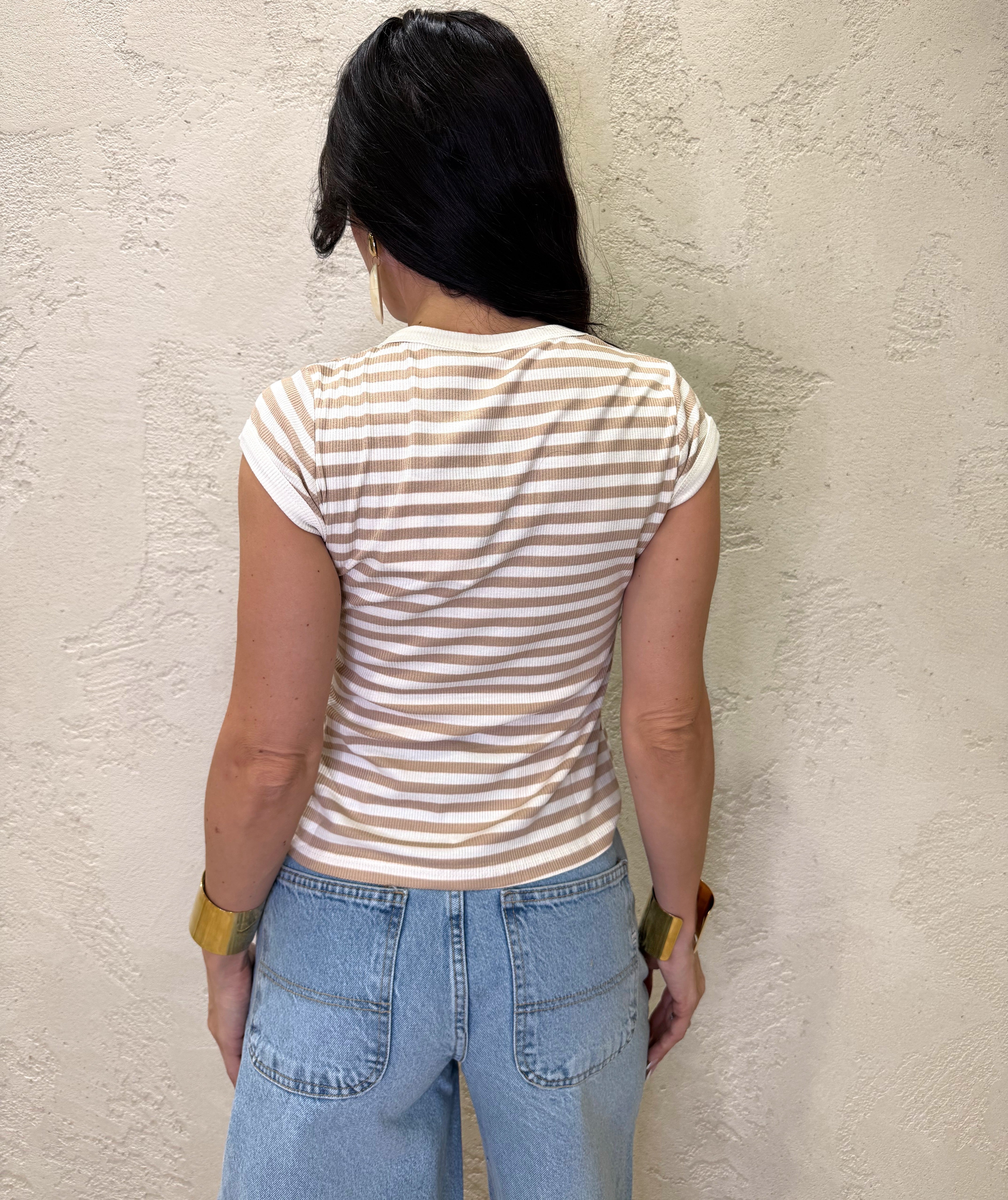 t-shirt esasticizzata a costine fantasia a righe 21011 BEIGE TENSIONE IN 