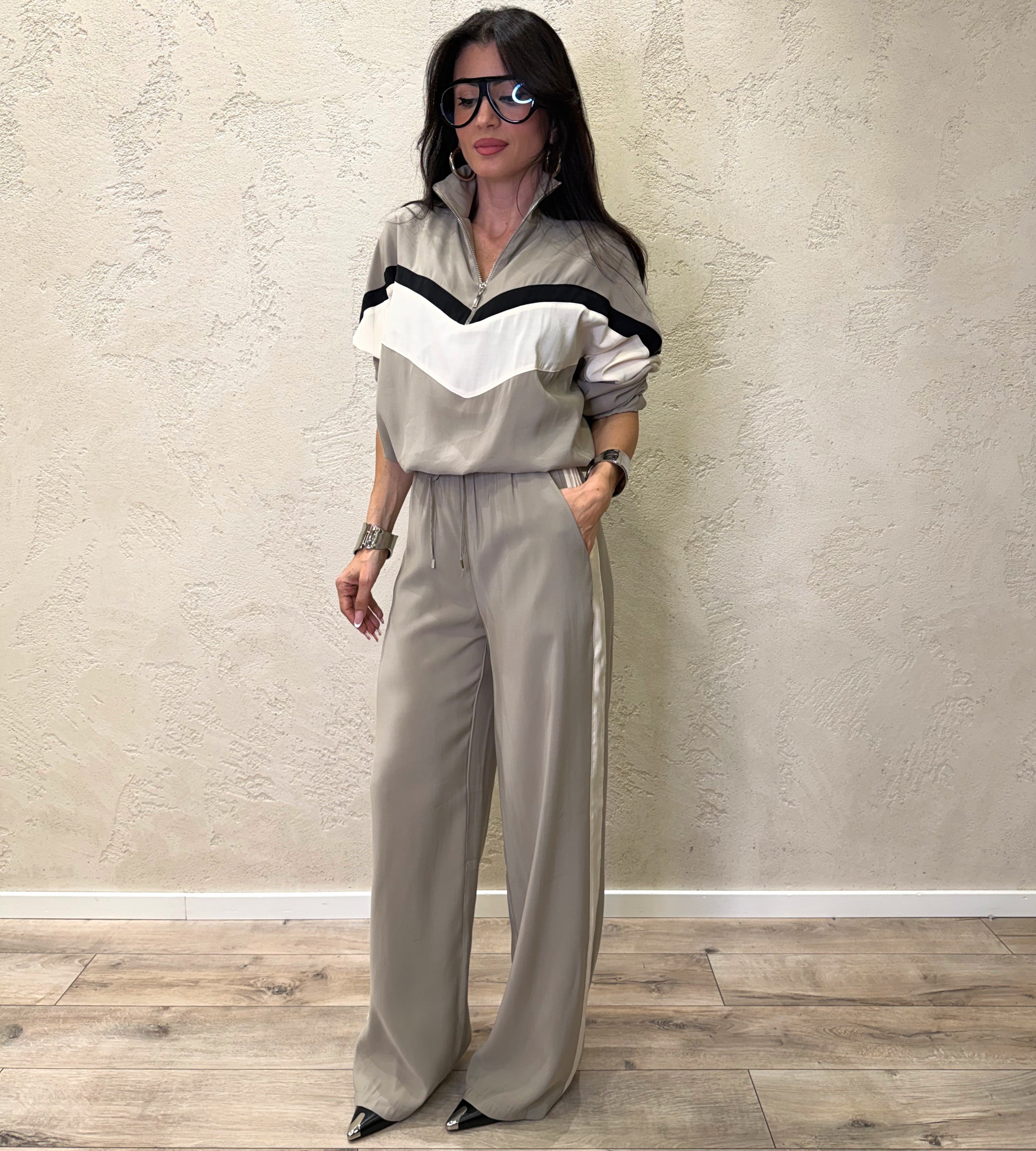 pantaloni laurent modello a palazzo tessuto cupro 26P4584 DESERTO/PANNA TENSIONE IN 