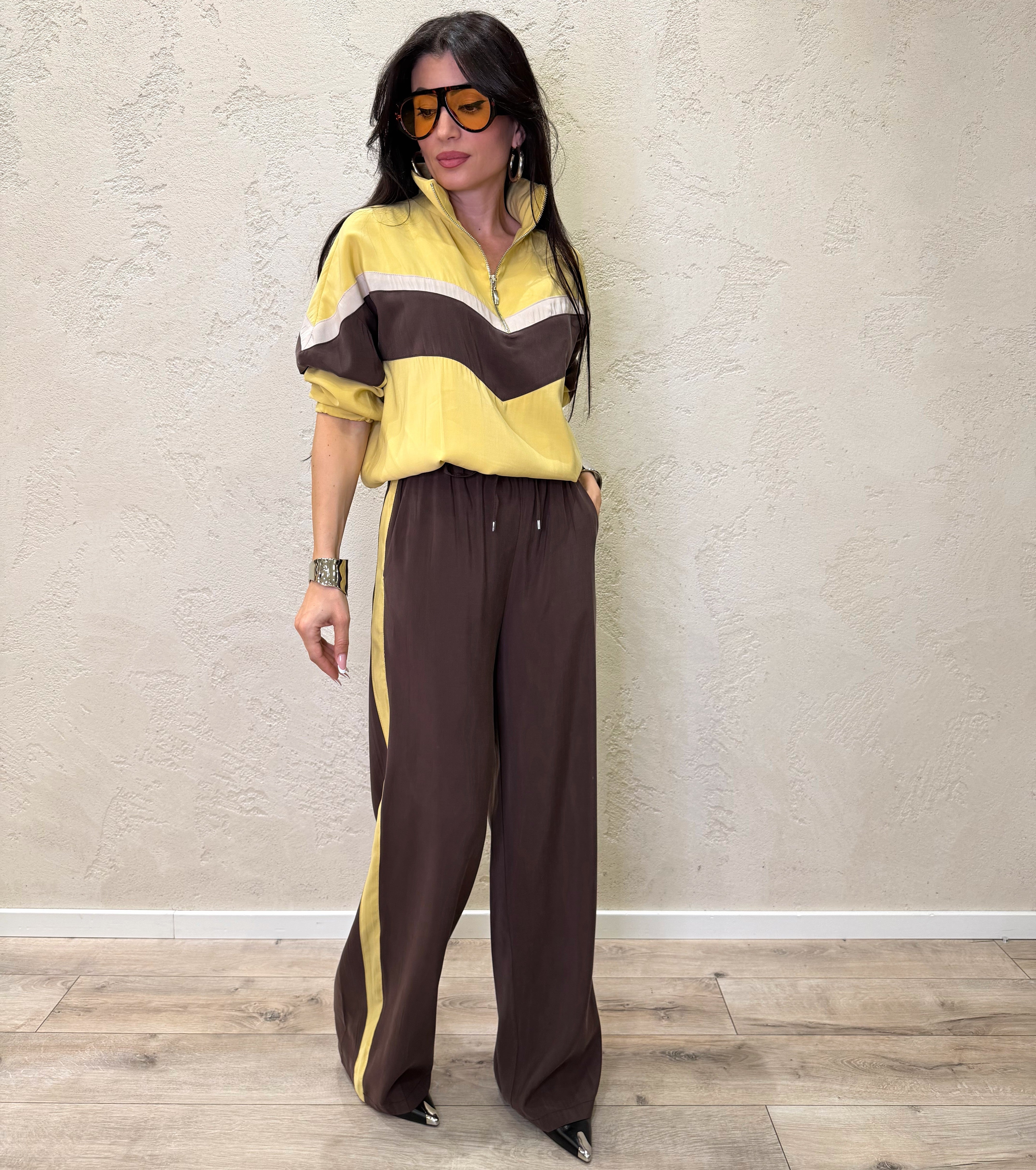 pantaloni laurent modello a palazzo tessuto cupro 26P4584 MORO/GIALLO TENSIONE IN 