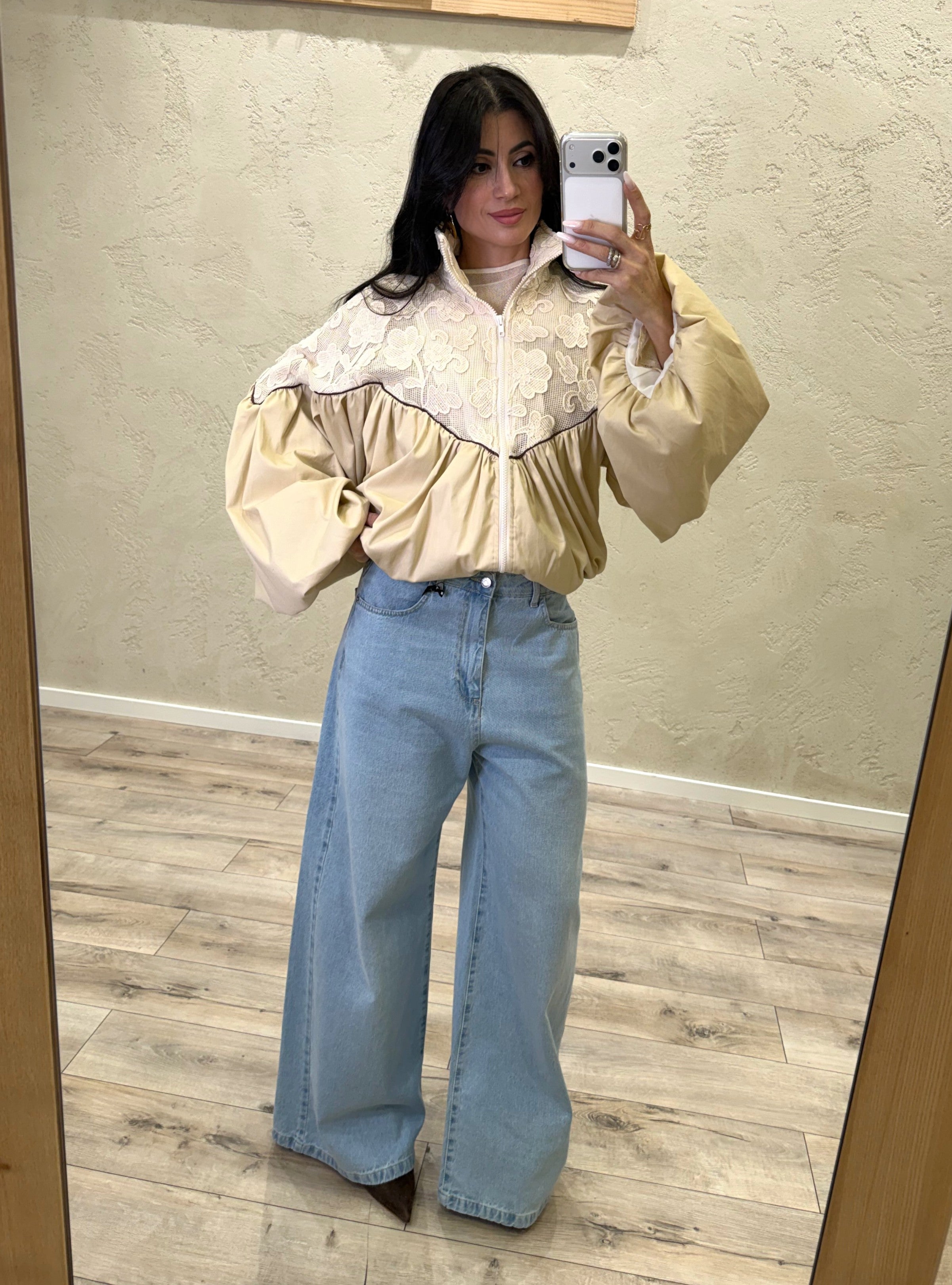 giacca a bomber in doppio tessuto con crochet floreale 38931 BURRO TENSIONE IN 