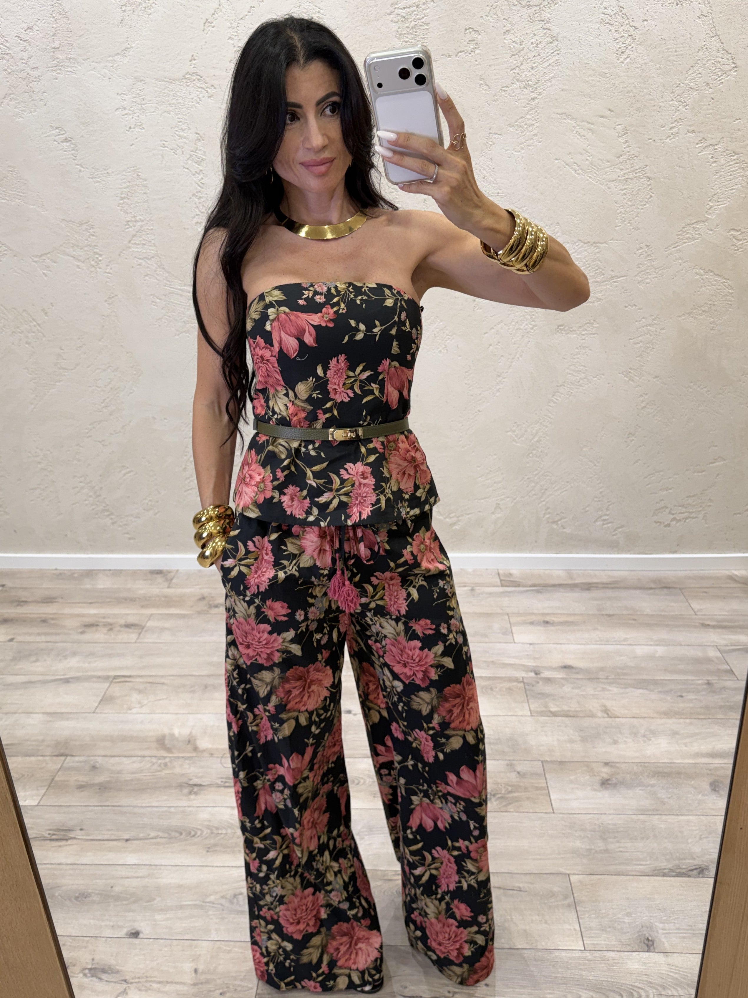 pantalone in 100% cotone modello a palazzo fantsia floreale 39480 NERO TENSIONE IN 