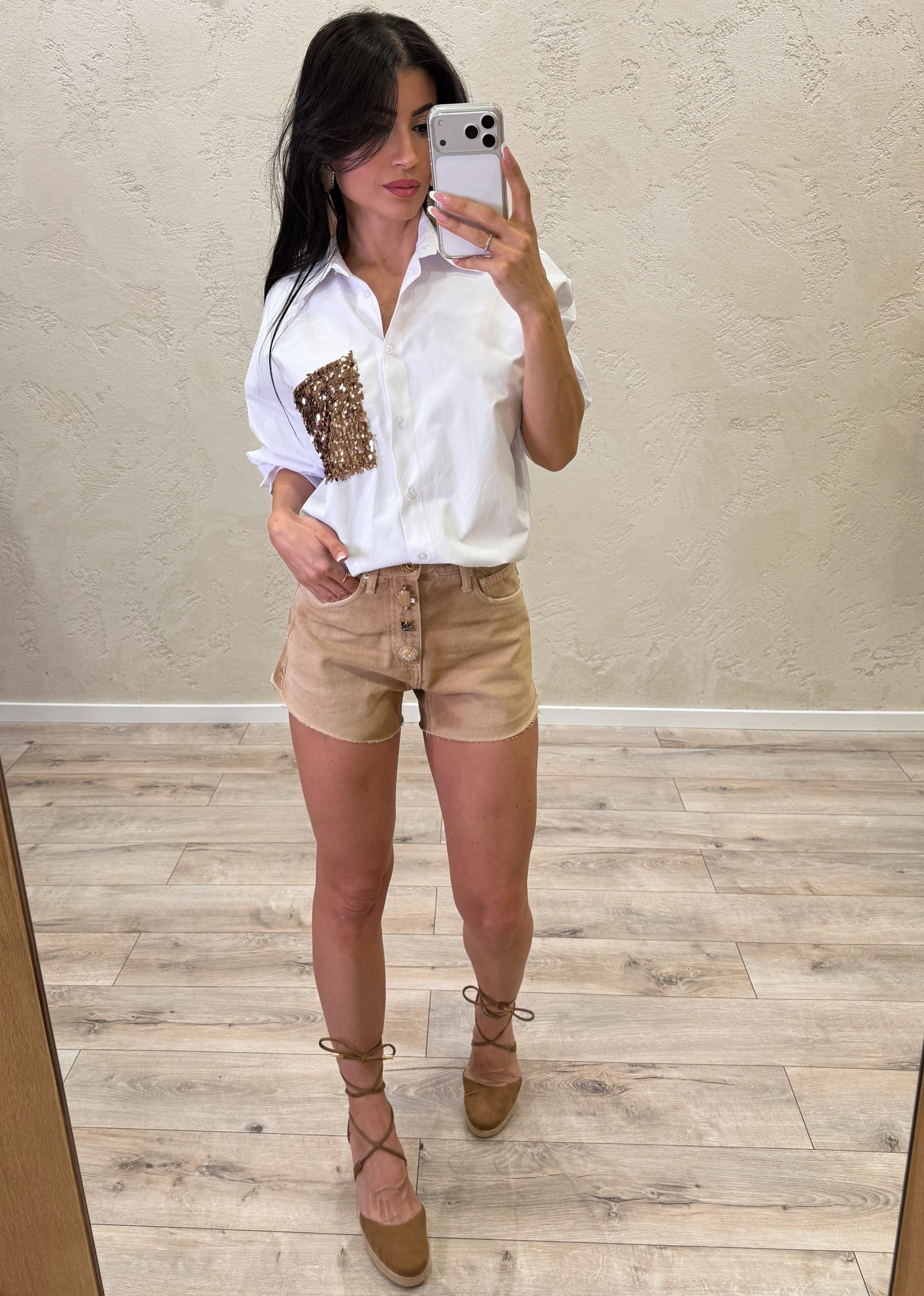 camicia con tasca pailettes PE260178 BIANCO/BRONZO TENSIONE IN 