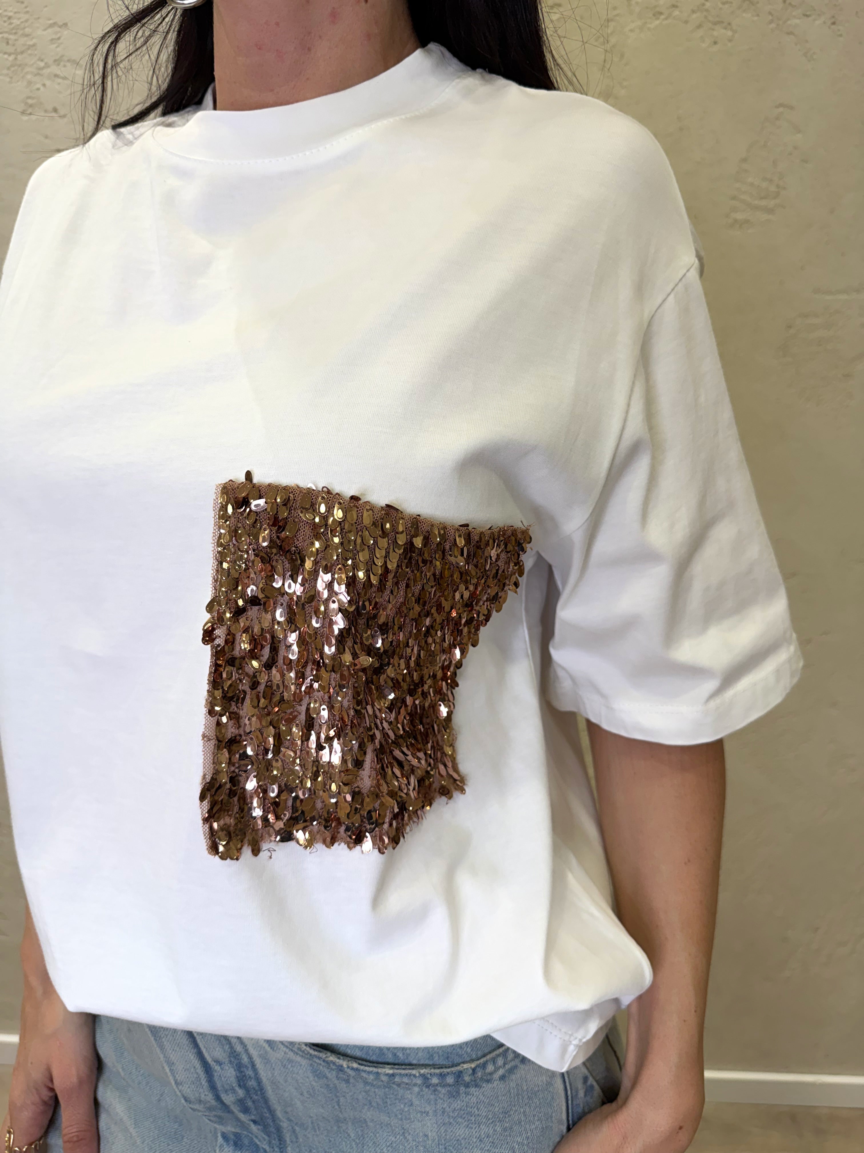 t-shirt con tasca pailettes PE260180 BIANCO/BRONZO TENSIONE IN 