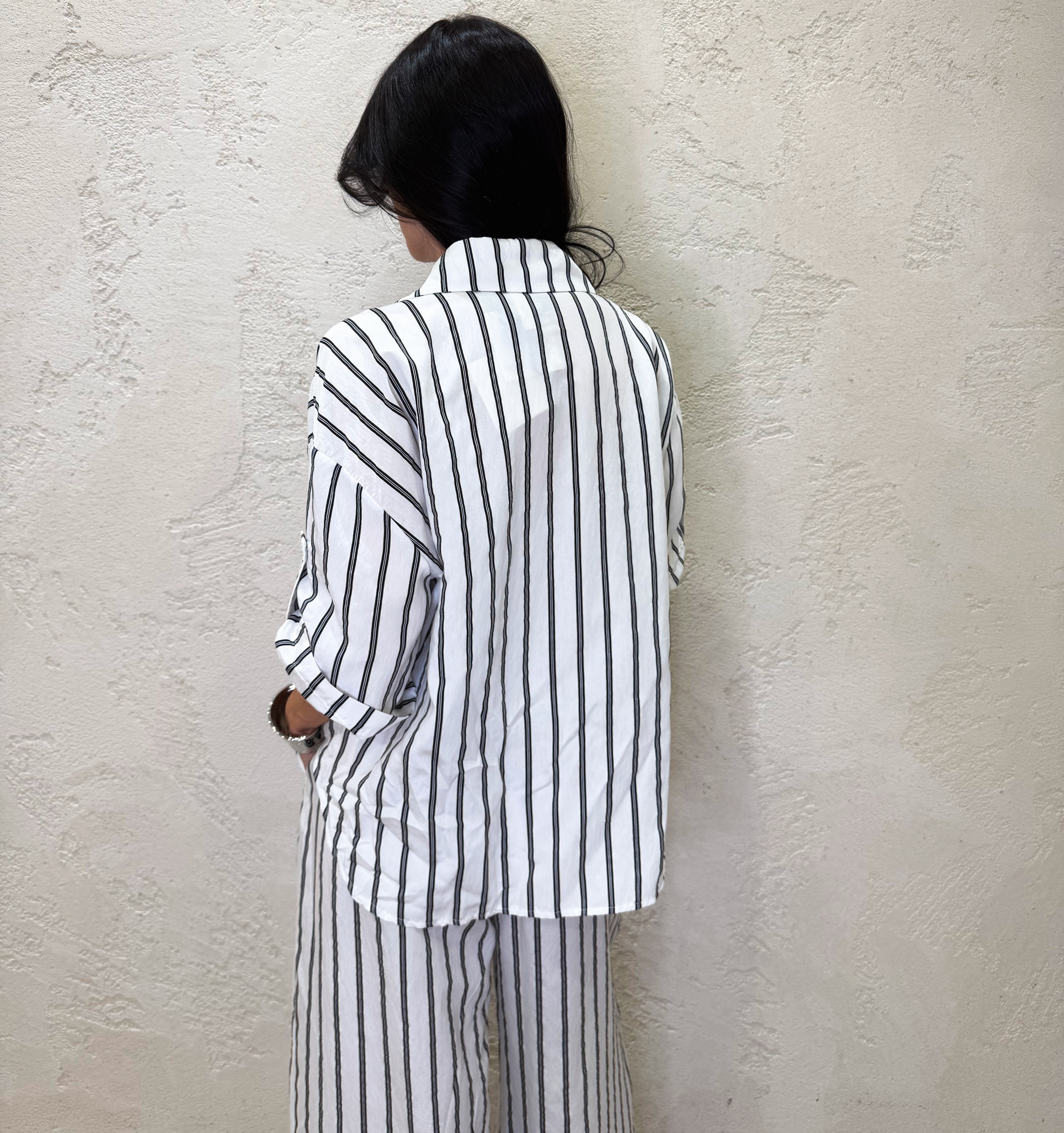 camicia maniche corte a righe con tasca pailettes PE260217 BIANCO/NERO TENSIONE IN 