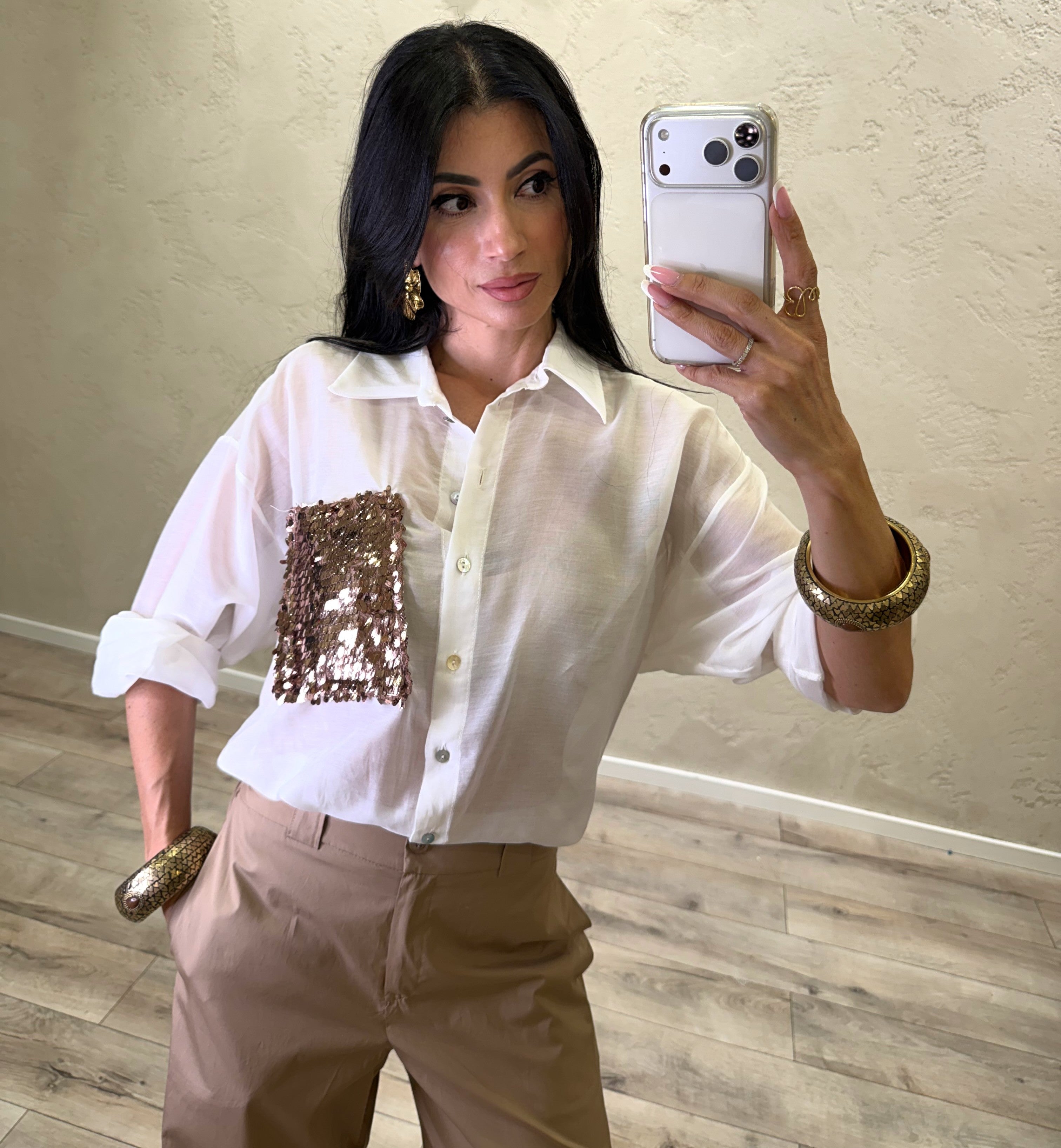camicia in misto seta con tasca pailettes S26CG26 PANNA TENSIONE IN 