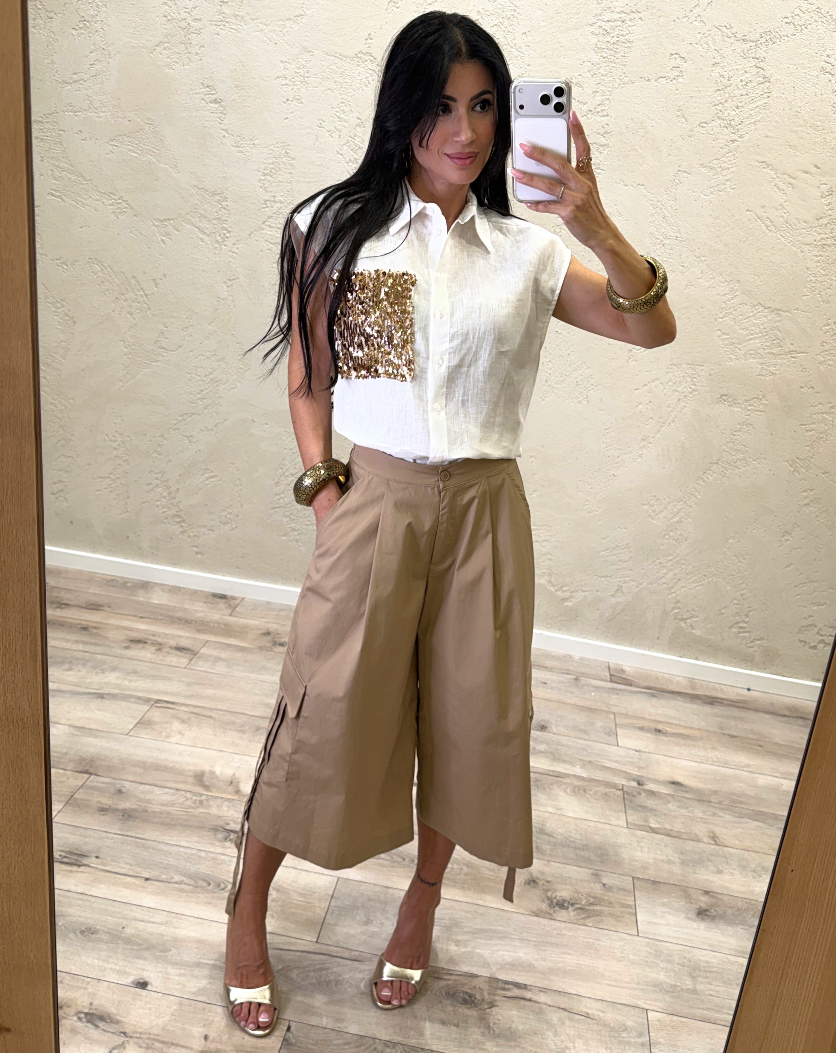 camicia smanicata in 100% lino con tasca pailettes S26C445 BIANCO/ORO TENSIONE IN 