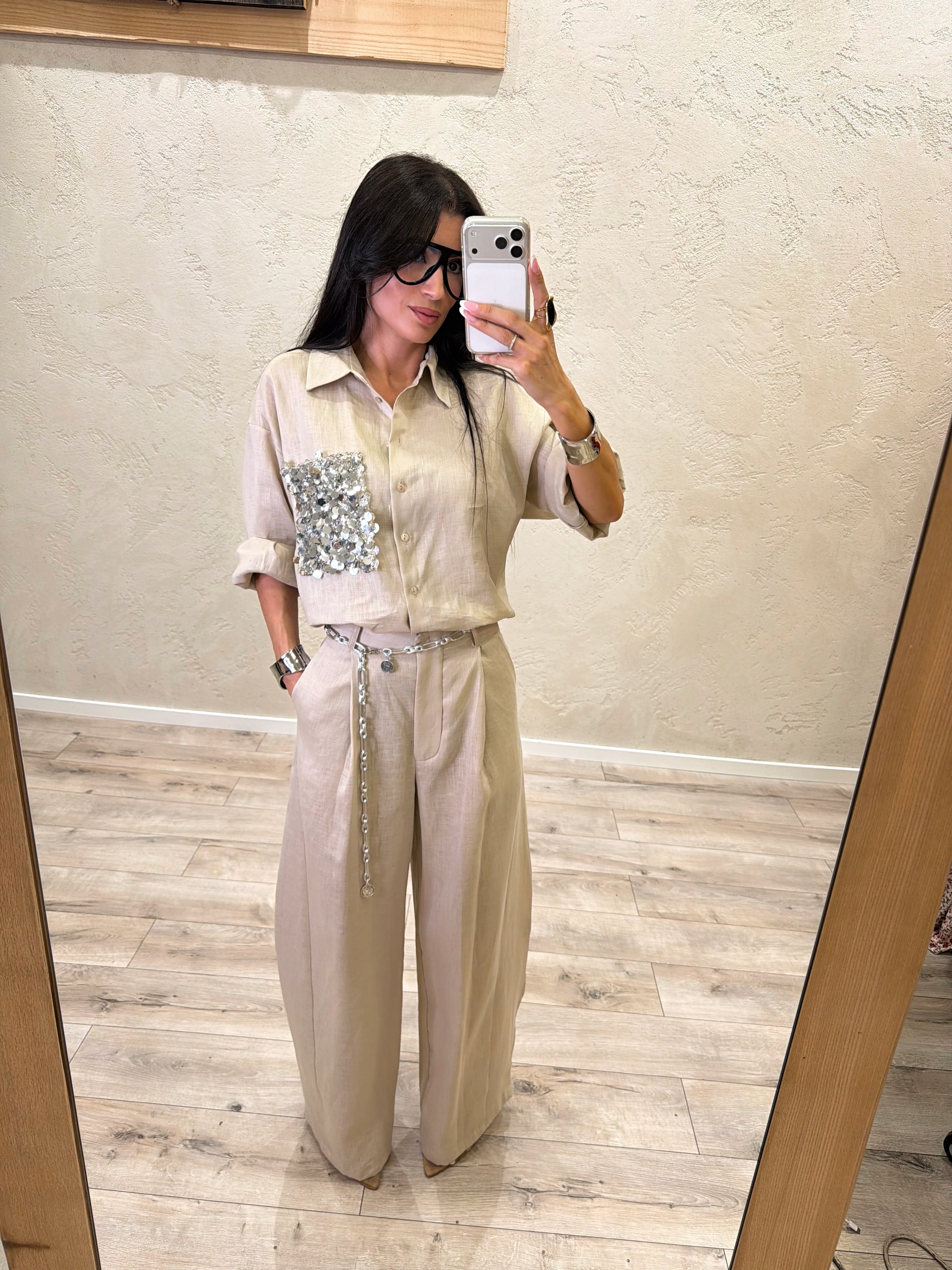 camicia in 100% lino con tasca paillettes S26CE15 BEIGE TENSIONE IN 