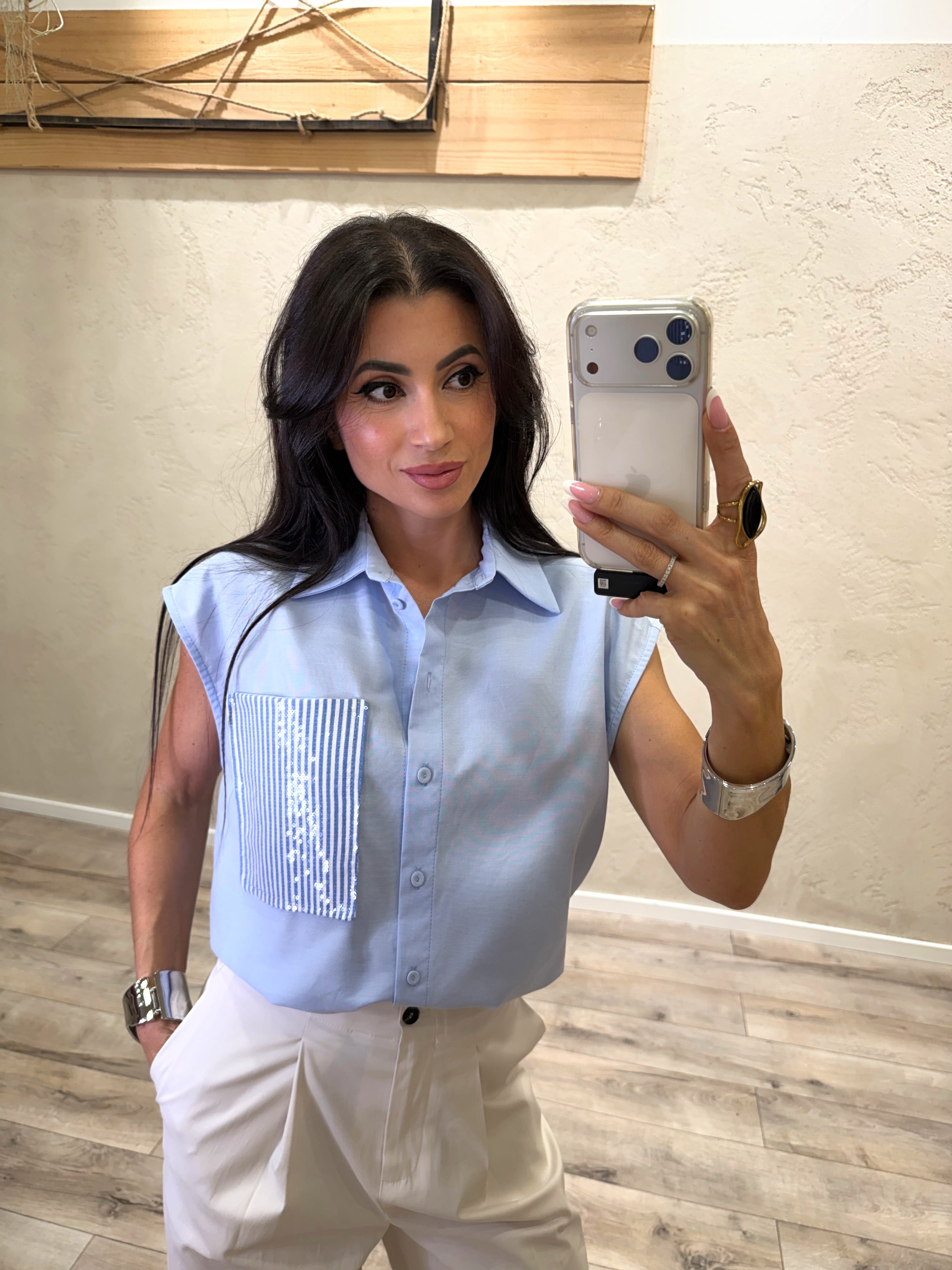 camicia chambray smanicata con tasca paillettes S26CF40 AZZURRO TENSIONE IN 