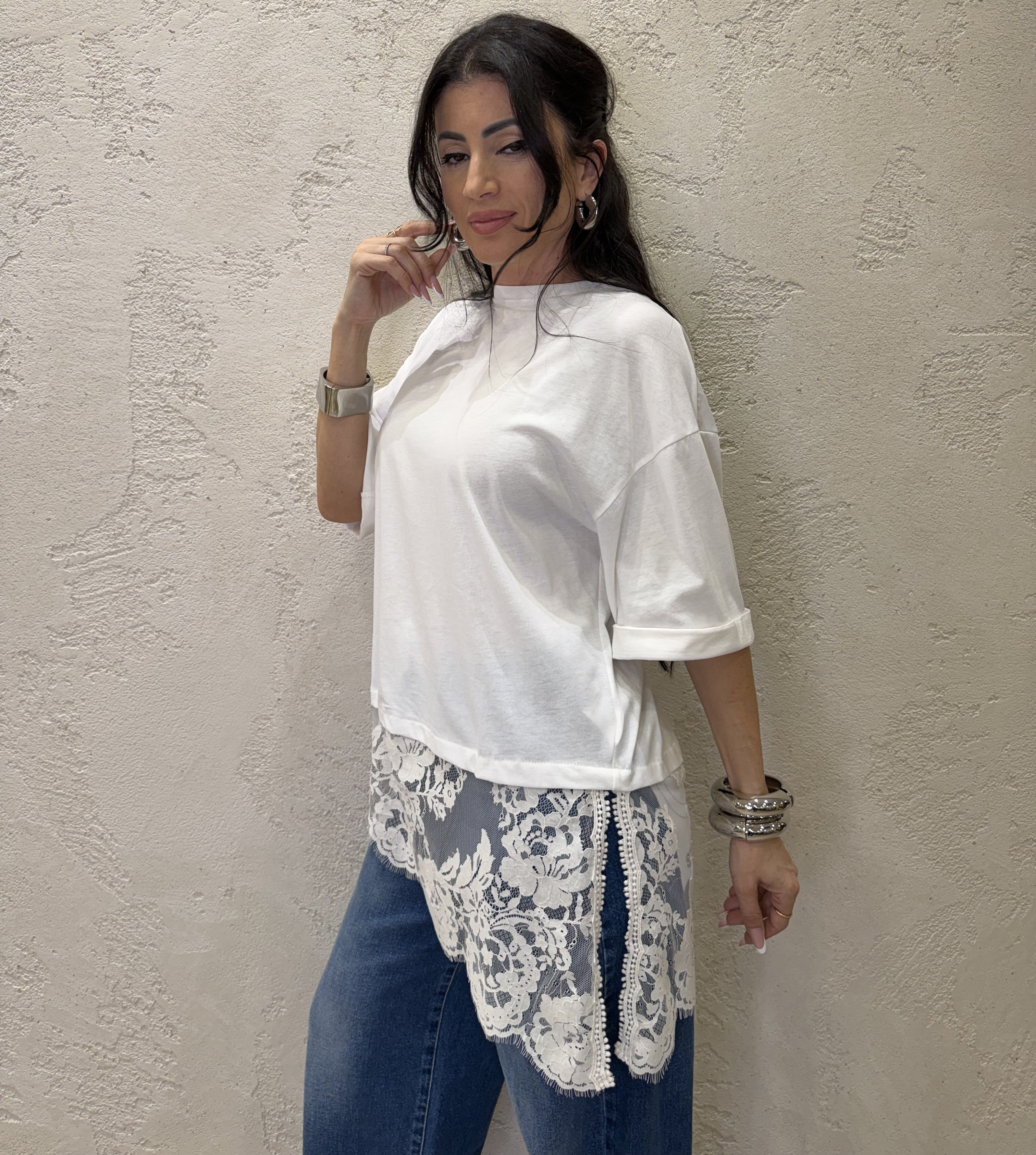 t-shirt ampia con inserto in pizzo S26M665 NATURALE TENSIONE IN 