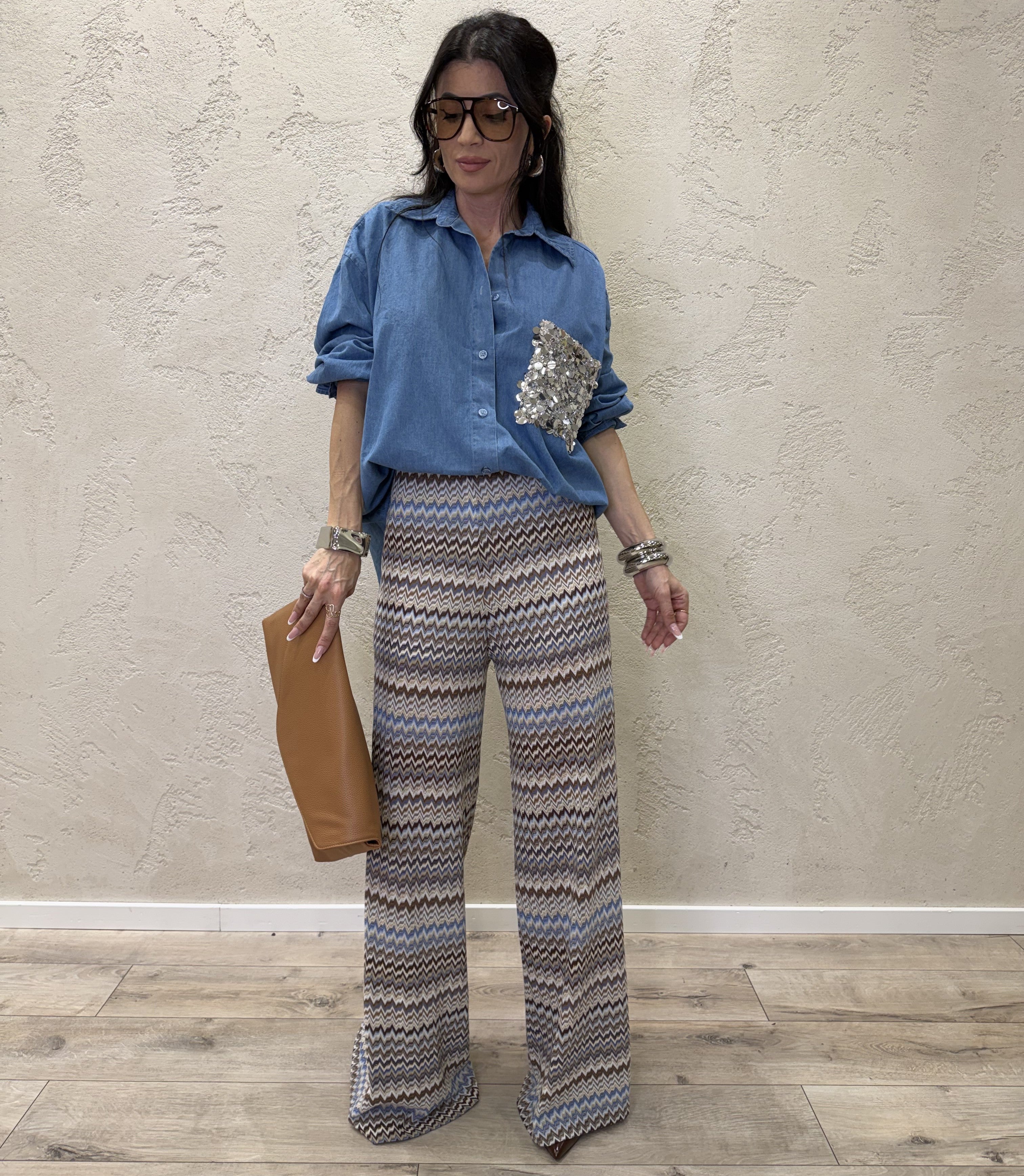 pantalone a palazzo fantasia "missoni" S26PC26 CELESTE/TABACCO TENSIONE IN 