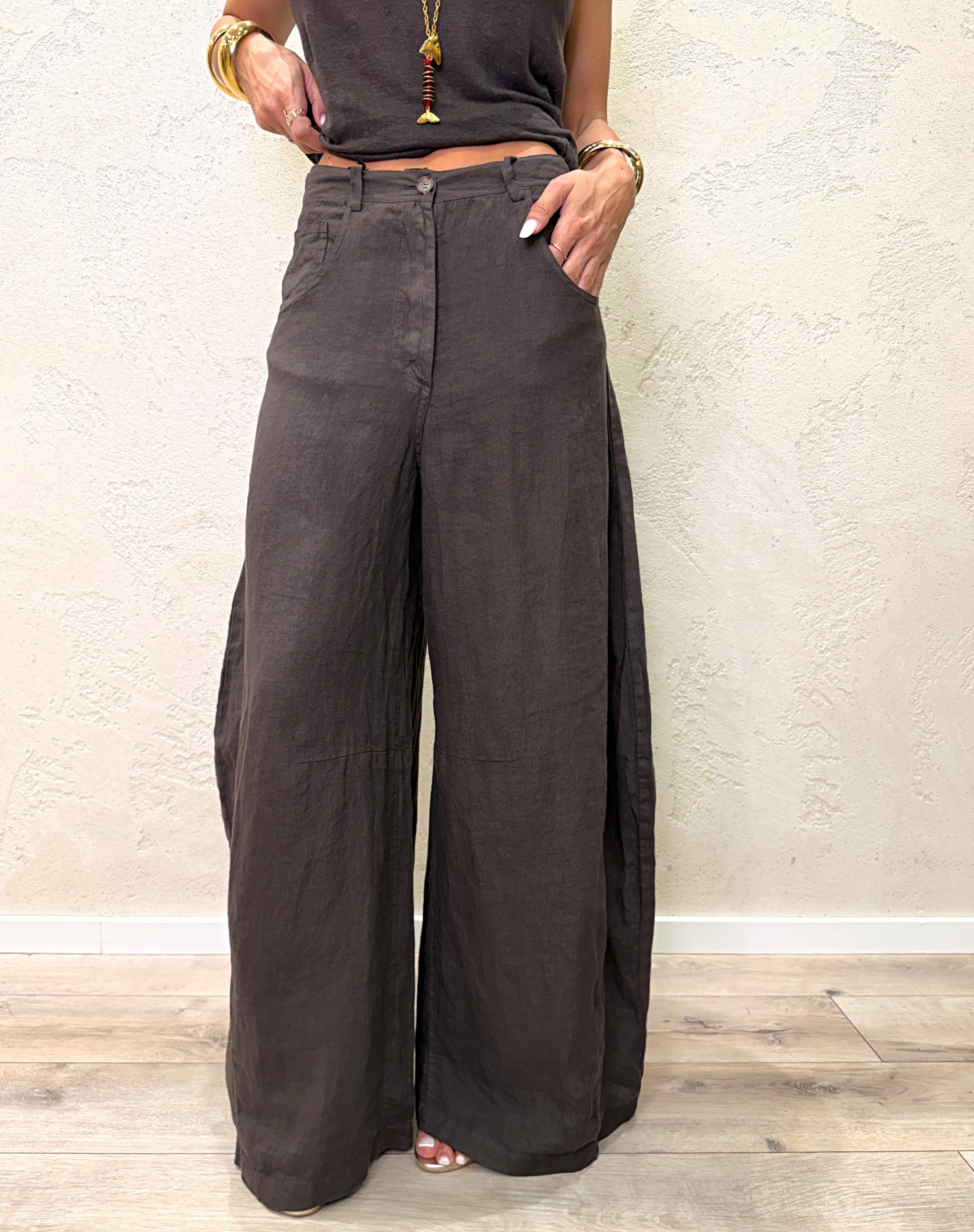 pantalone in puro lino modello luvre barrel fit S26PE64 MORO TENSIONE IN 
