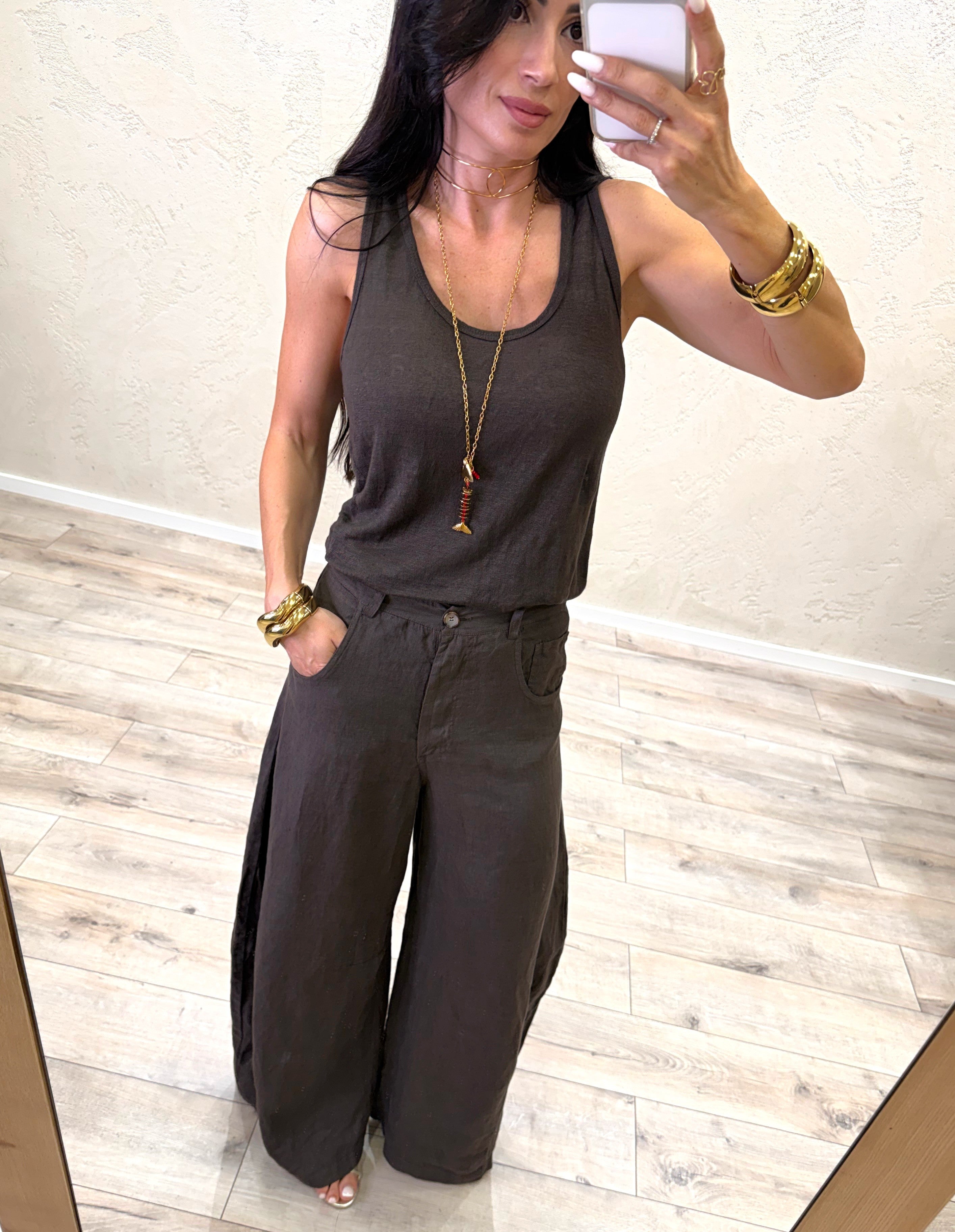 pantalone in puro lino modello luvre barrel fit S26PE64 MORO TENSIONE IN 