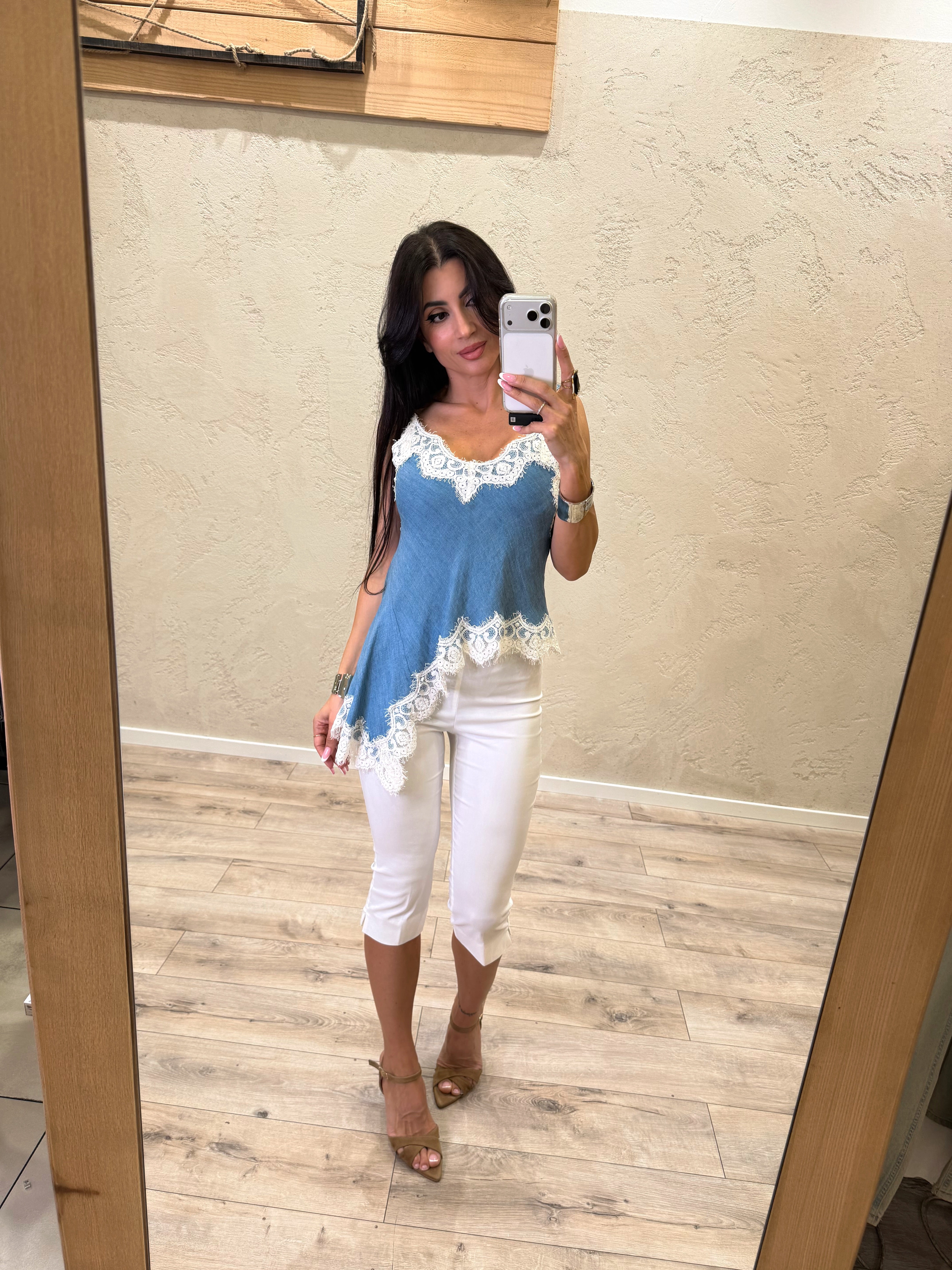 canotta asimmetrica in tela chambray con inserti in pizzo S26TA76 JEANS TENSIONE IN 