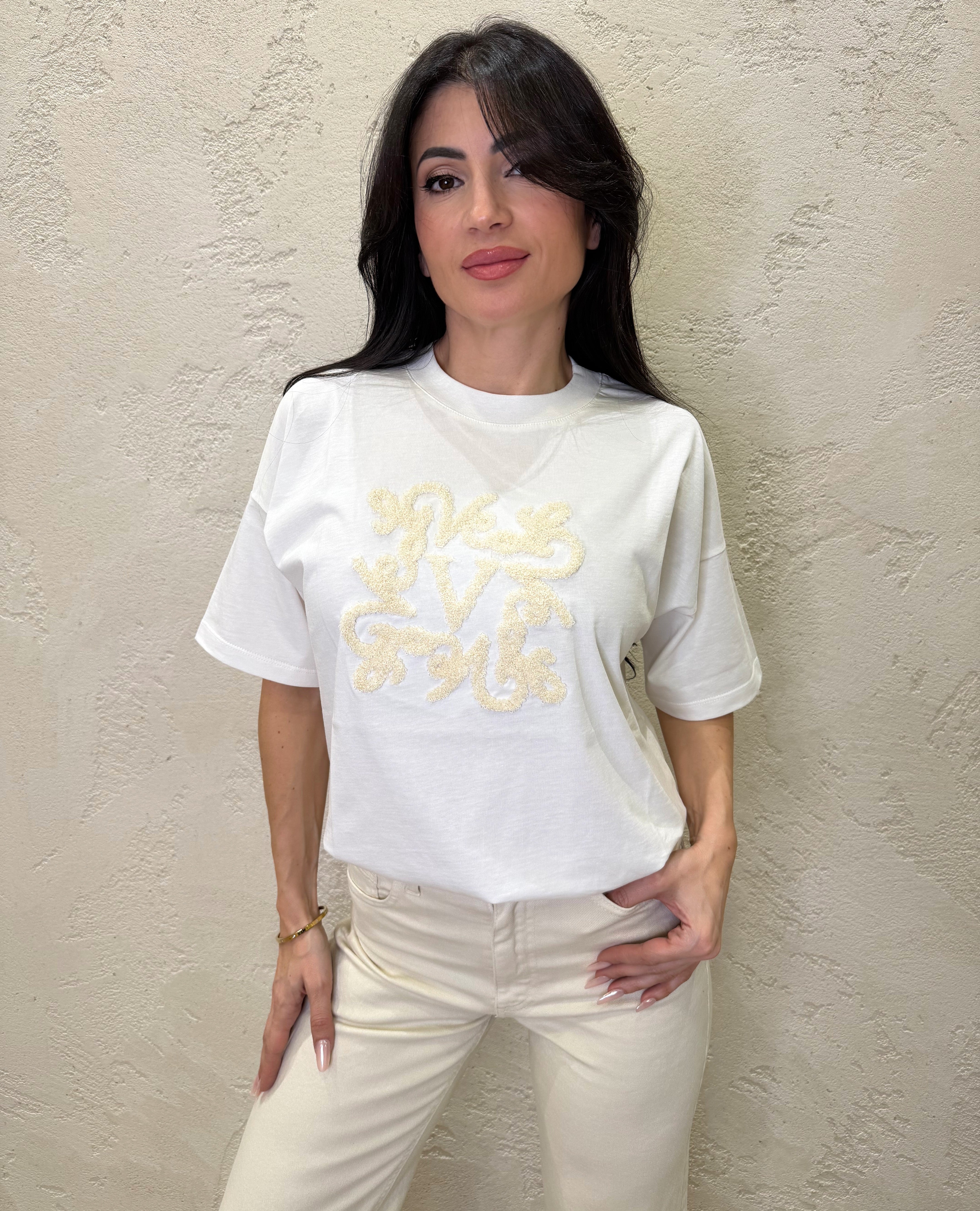 t-shirt over con logo ricamato bouclè RAB0045 BIANCO/BURRO VICOLO 