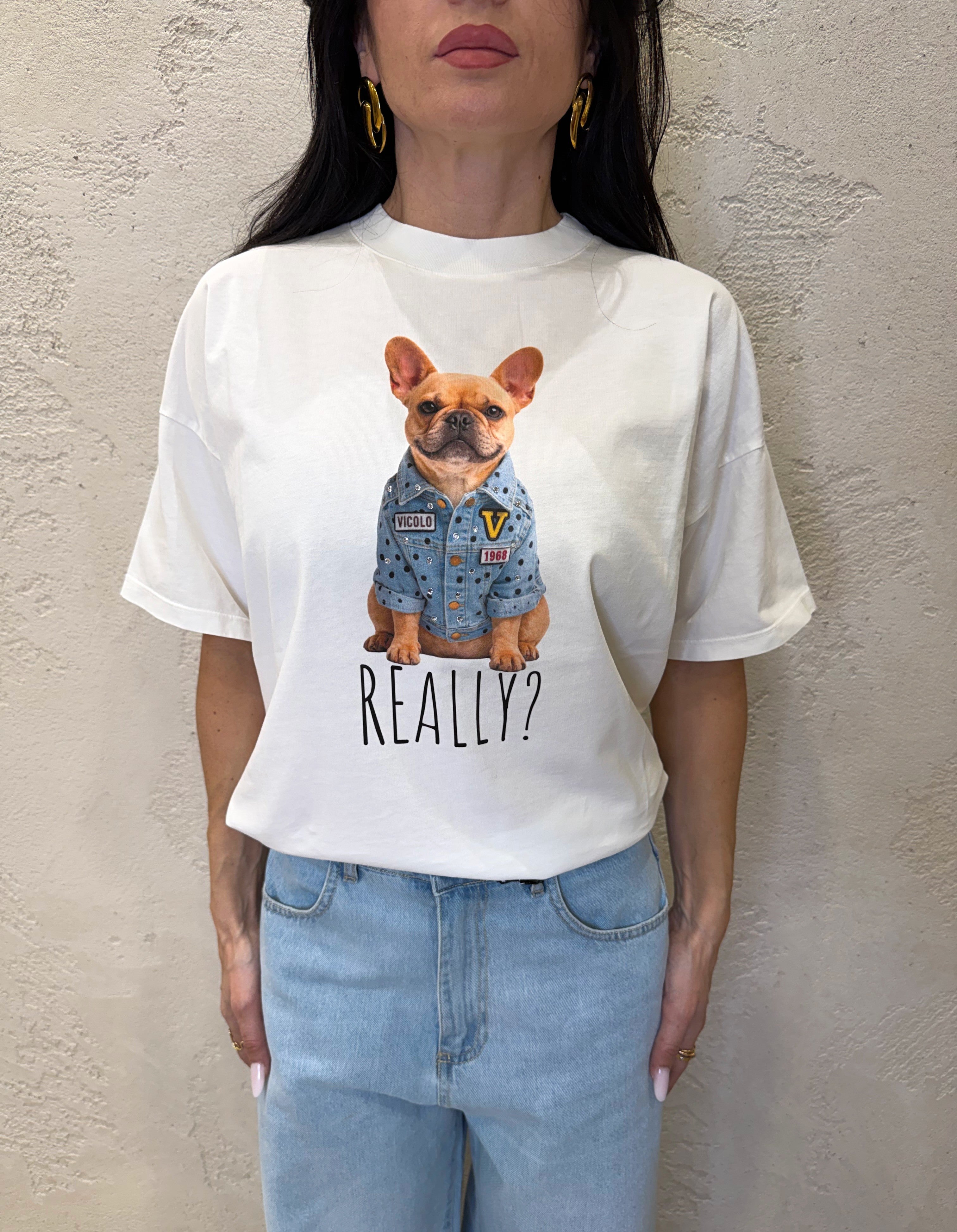 t-shirt bulldog francese RAB0562 PANNA VICOLO 