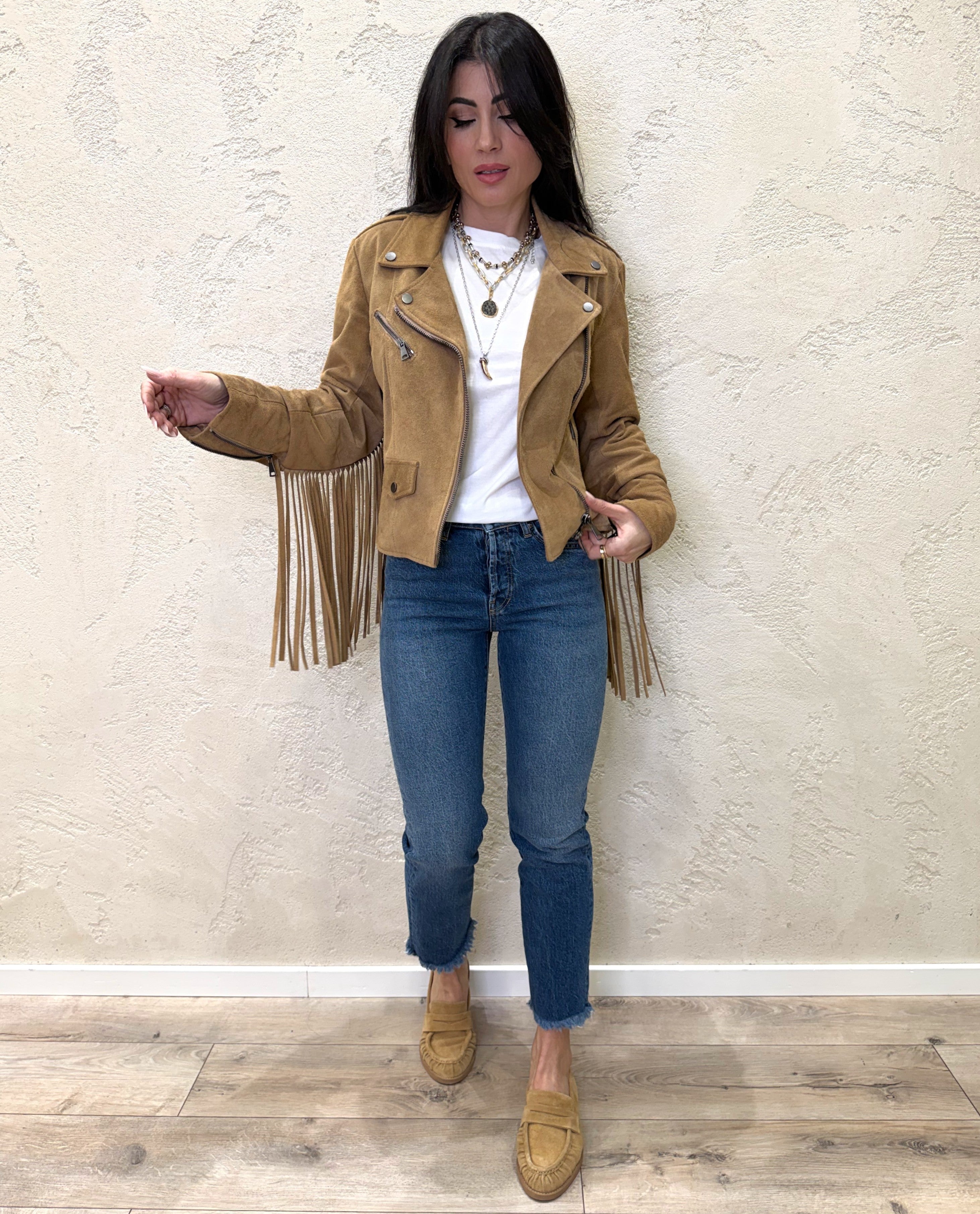 chiodo in pelle scamosciato con frange TAB0172 BEIGE VICOLO 