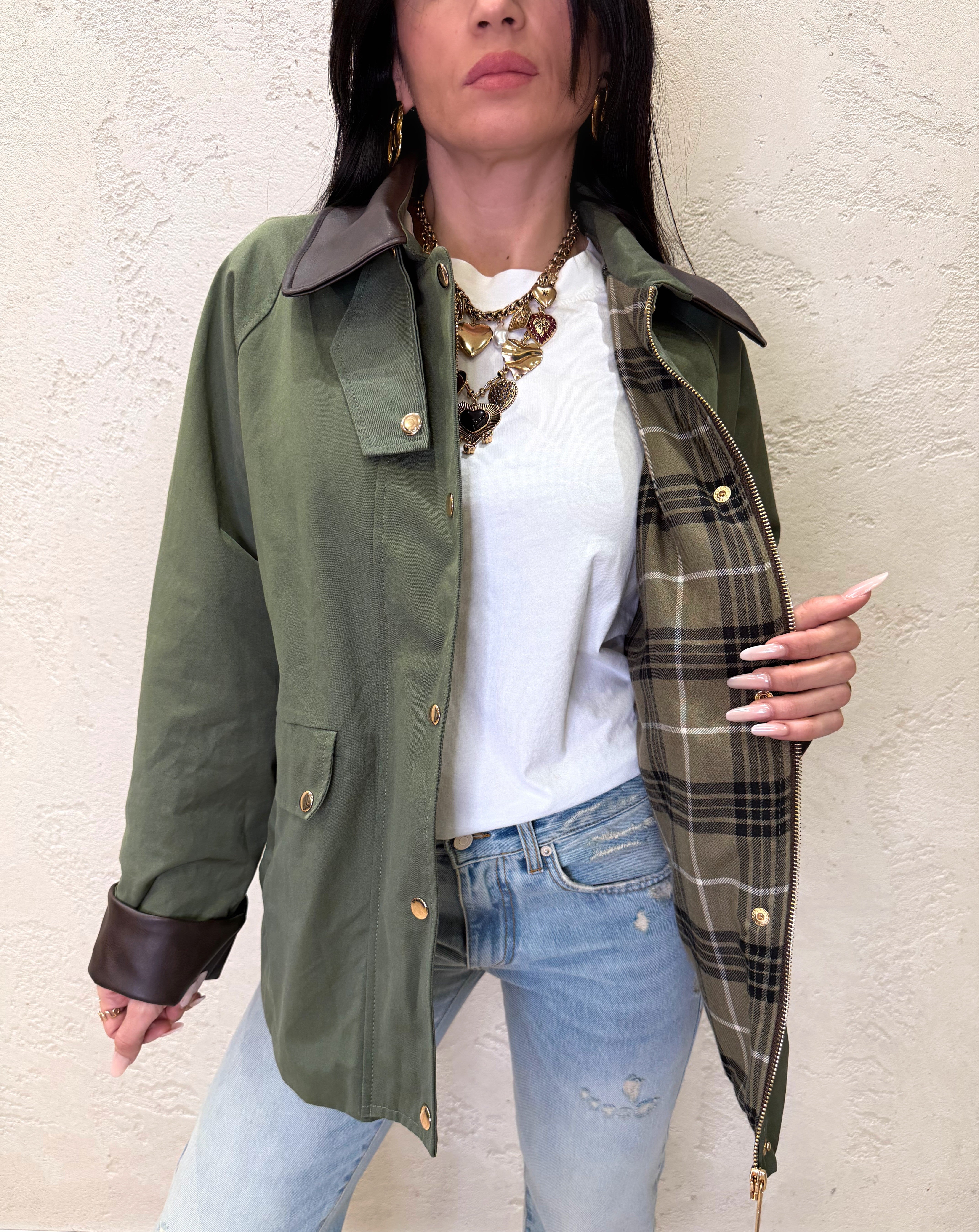 trench corto con colletto e polsini in ecopelle TAB0950 MILITARE VICOLO 